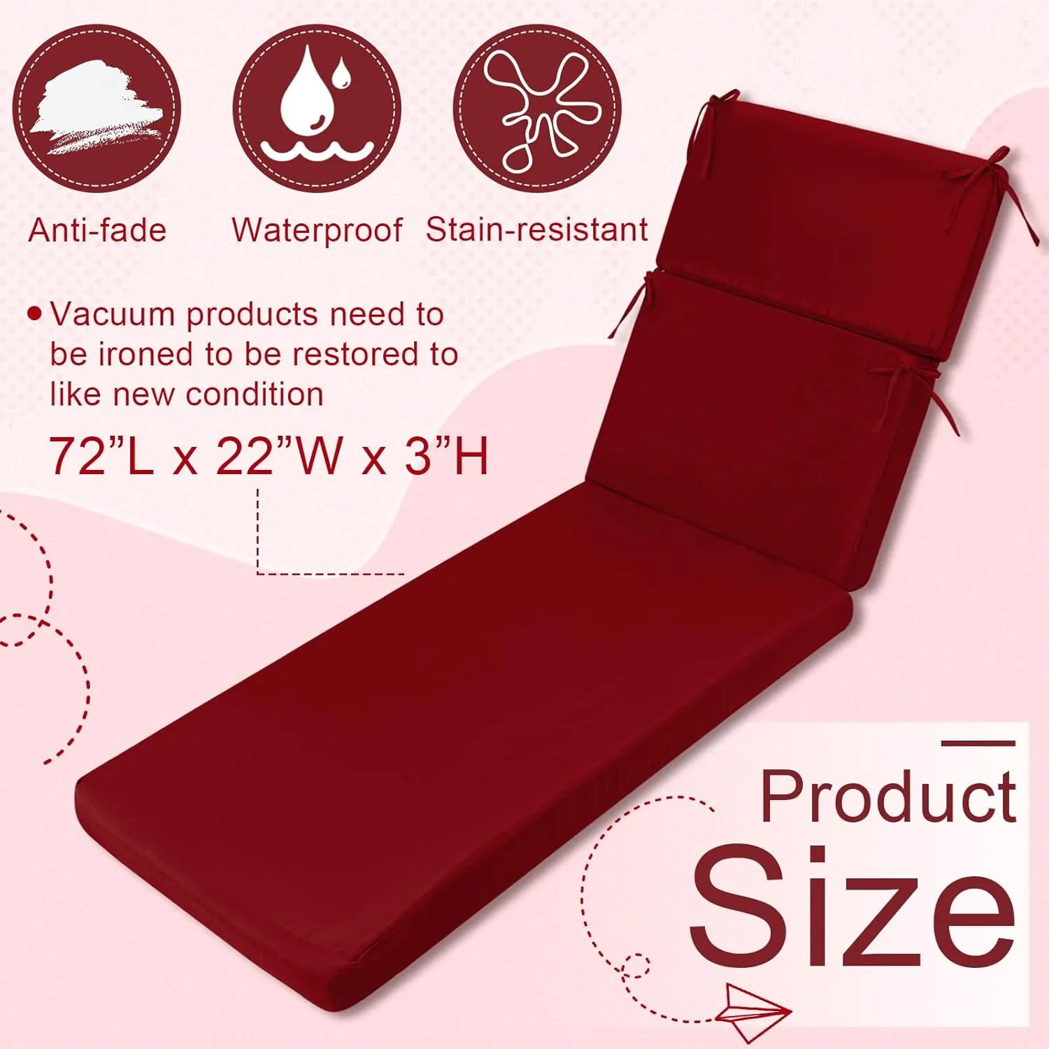 1 Pcs Indoor Outdoor Chaise Lounge Cushions Sponge Bench Outdoor Furniture Chaise Cushions Patio Chair Furniture Replacement (Brick Red)
