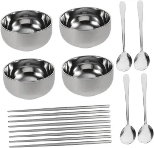 1 Set Portable Stainless Steel Cutlery Set with Bowls Spoons Chopsticks Lightweight Travel Essentials for Camping Picnics School Lunches and More