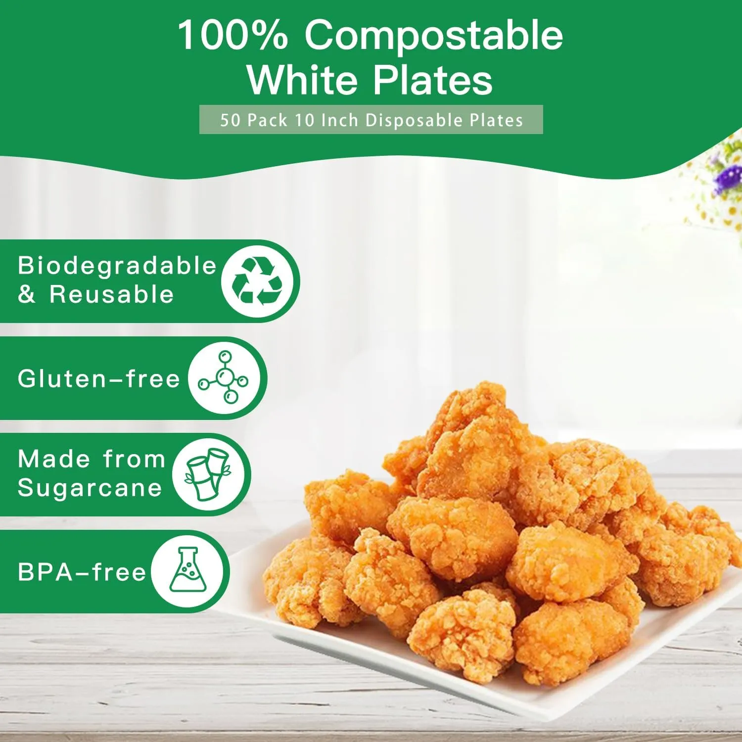 10-Inch Compostable Sugarcane PulpSquare Plates, 50-Pack, White, Extra Thick, Durable, Eco-Friendly, Microwave Safe