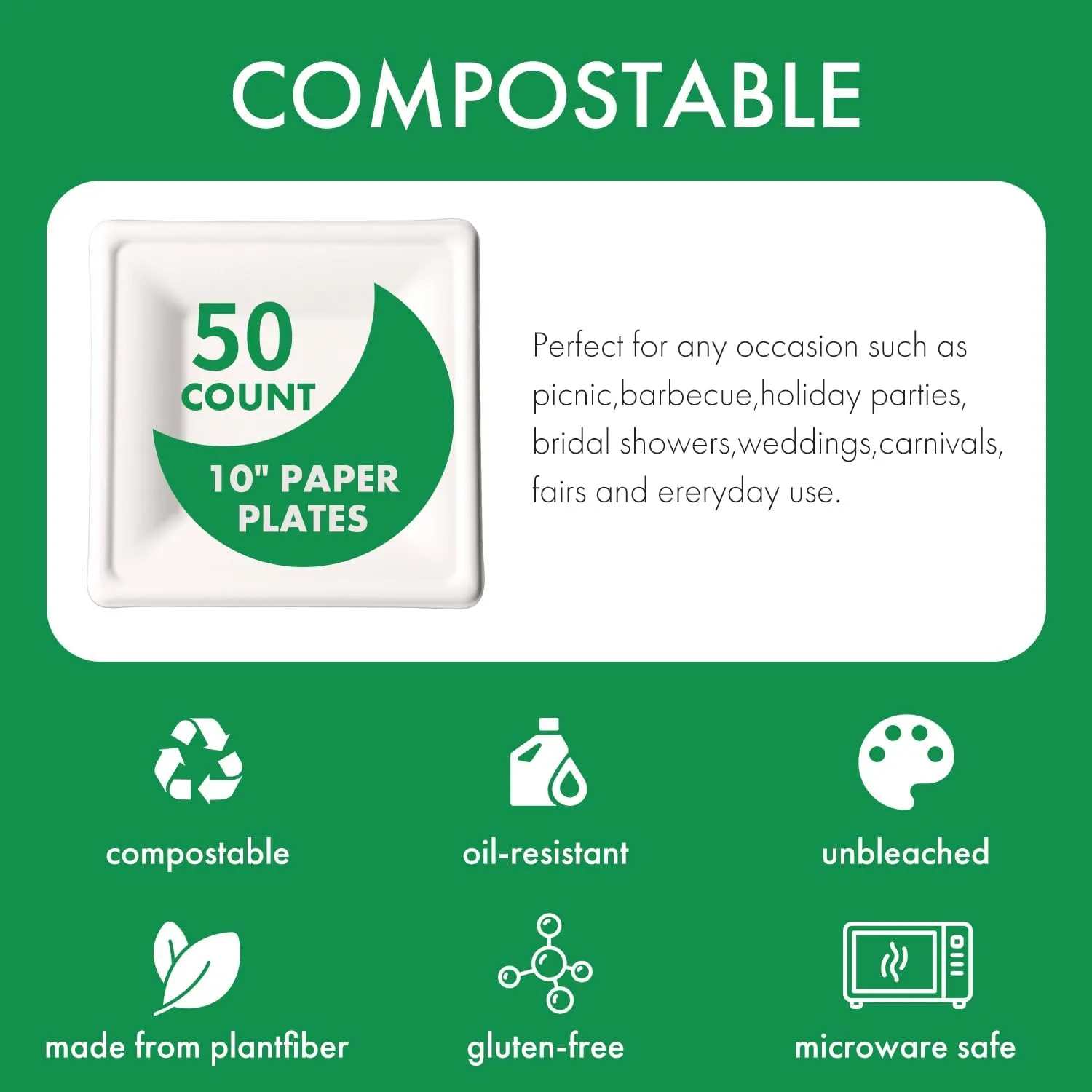 10-Inch Compostable Sugarcane PulpSquare Plates, 50-Pack, White, Extra Thick, Durable, Eco-Friendly, Microwave Safe