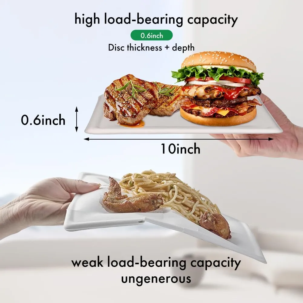 10-Inch Compostable Sugarcane PulpSquare Plates, 50-Pack, White, Extra Thick, Durable, Eco-Friendly, Microwave Safe