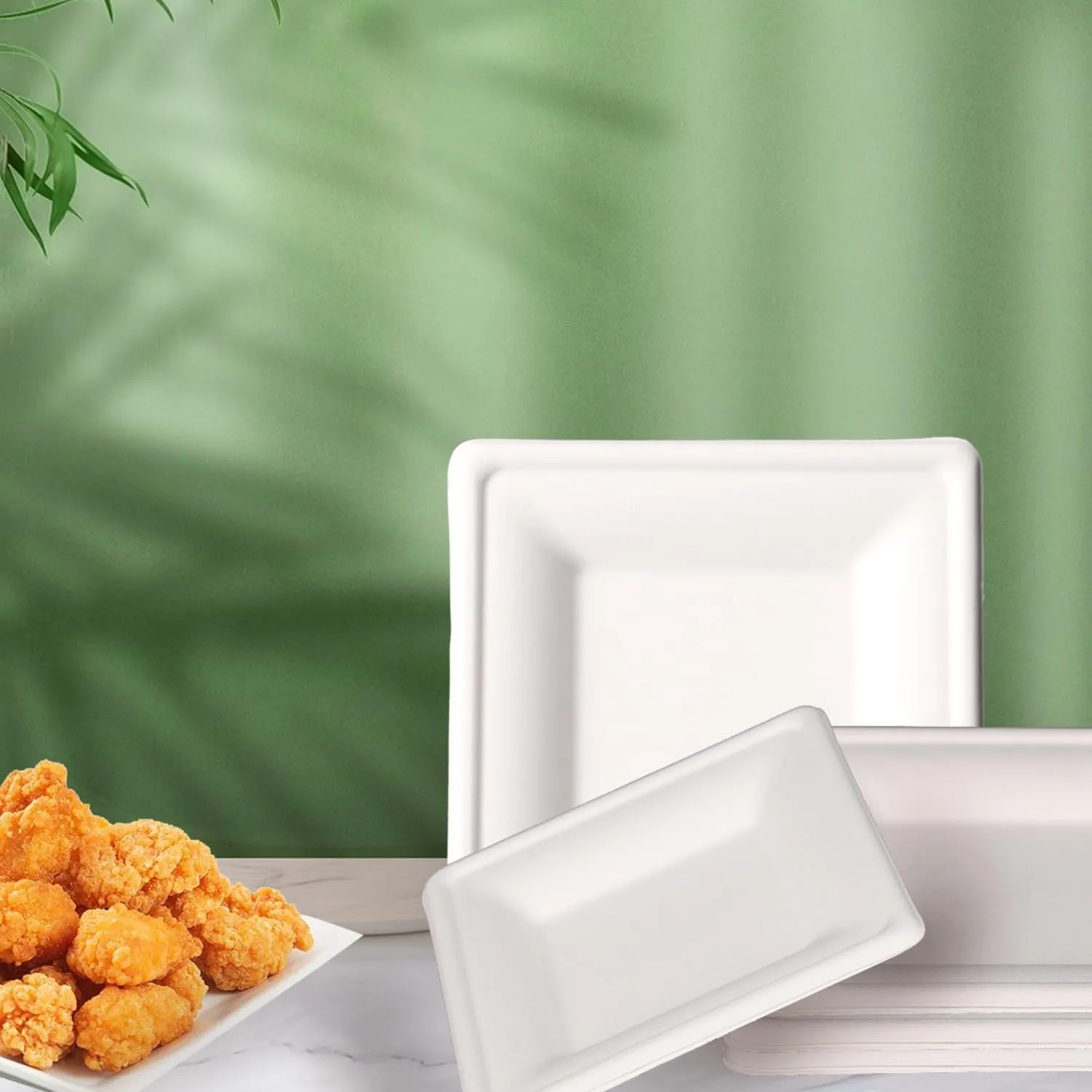 10-Inch Compostable Sugarcane PulpSquare Plates, 50-Pack, White, Extra Thick, Durable, Eco-Friendly, Microwave Safe