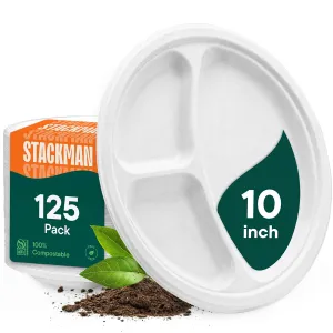 100% Compostable, 3 Compartment [10-Inch] Disposable Paper Plates [125-Pack] Sectional Lunch Trays   Dividers - Divided Platter Tray - Heavy Duty Biodegradable Bagasse (BPA-Certified) (PFAS-Free)