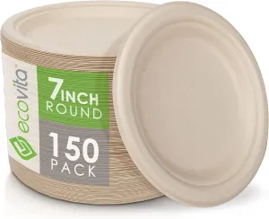 100% Compostable Paper Plates [7 in.] – 150 Disposable Plates Eco Friendly Sturdy Tree Free Liquid and Heat Resistant Alternative to Plastic or Paper Plates