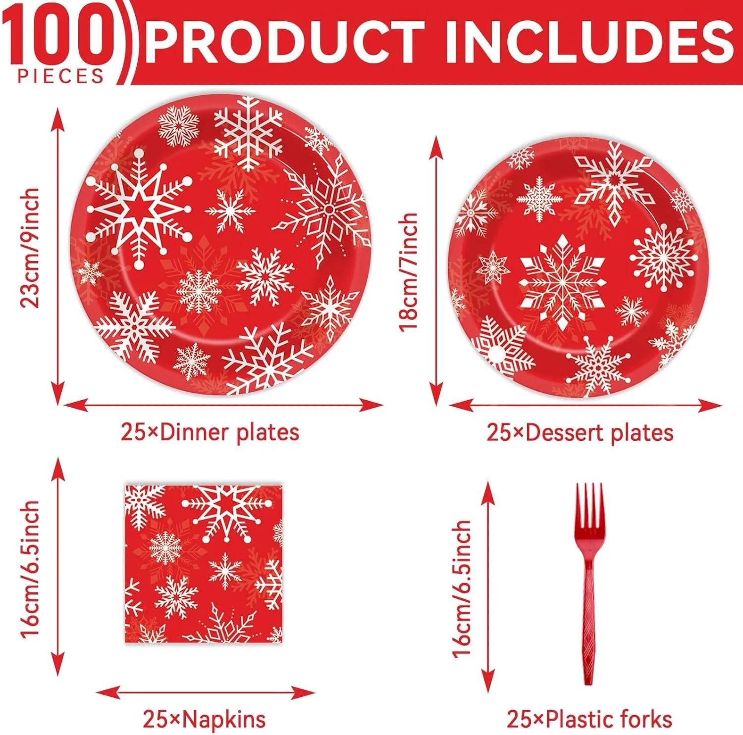 100 PCS Merry Christmas Tableware Set Christmas Theme Party Supplies Serves 25 guests Snowflakes Paper Plates Xmas napkins Bulk Christmas Dinnerware Set for Xmas Party Decorations Disposable Tableware