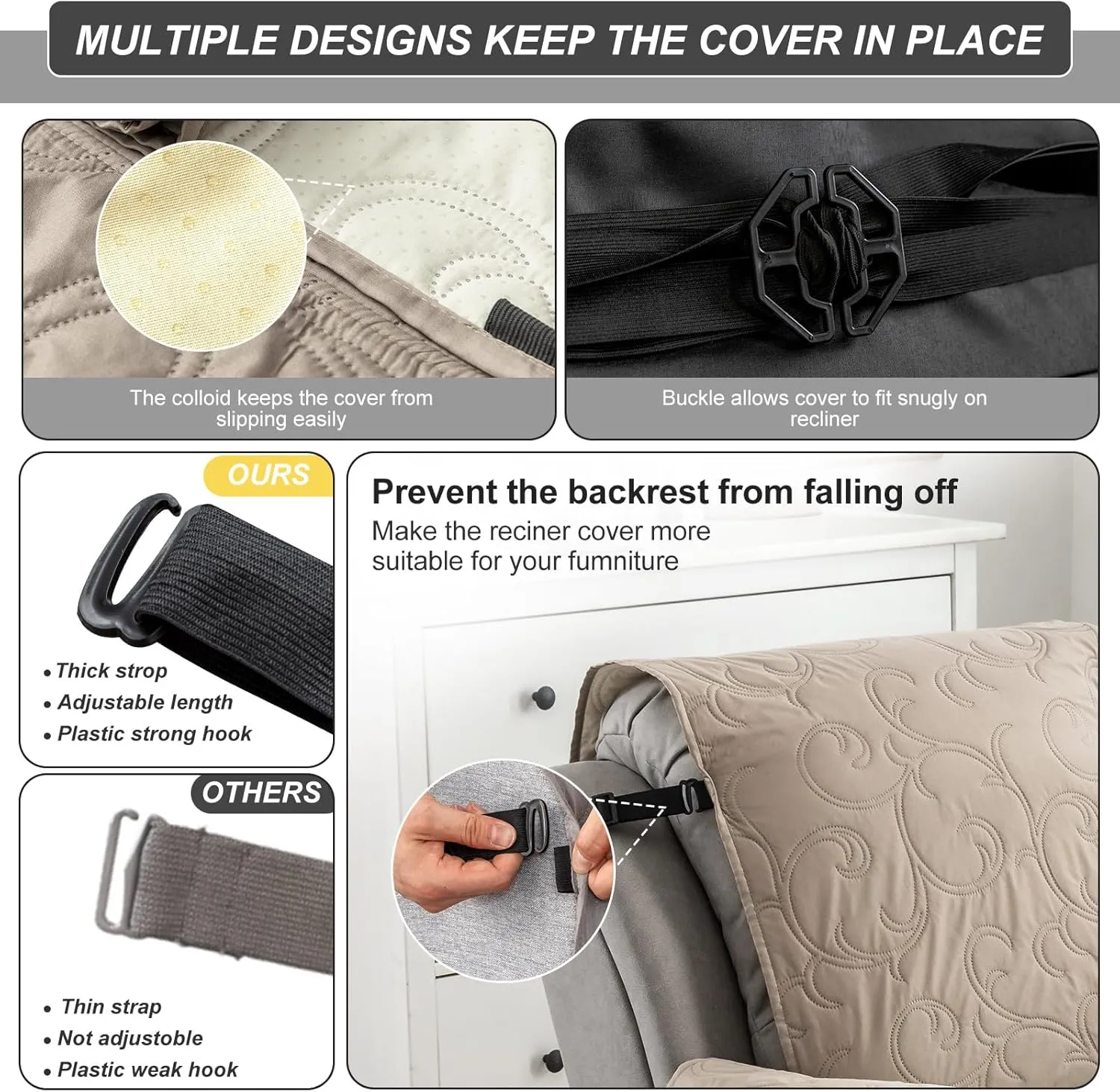 100% Waterproof Recliner Chair Cover, Recliner Chair Covers for Reclining Chair, Non-Slip Fabric Recliner Couch Cover for Living Room, for Pets Kids Protector, Washable