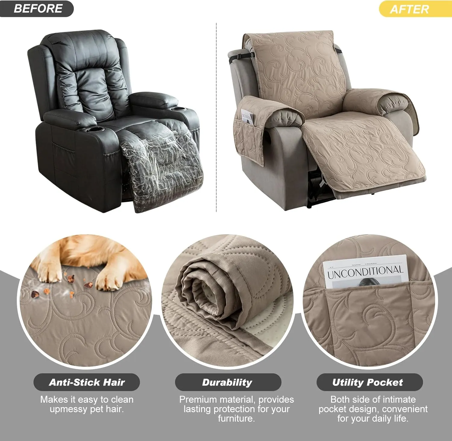 100% Waterproof Recliner Chair Cover, Recliner Chair Covers for Reclining Chair, Non-Slip Fabric Recliner Couch Cover for Living Room, for Pets Kids Protector, Washable