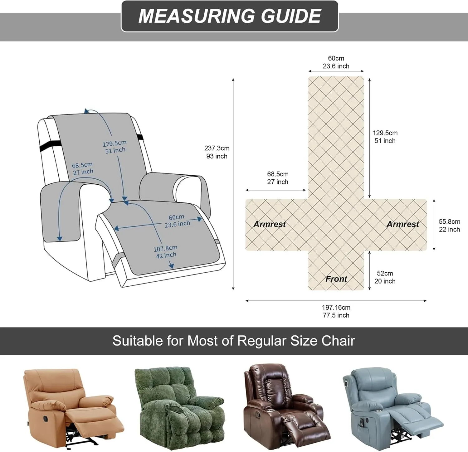 100% Waterproof Recliner Chair Cover, Recliner Chair Covers for Reclining Chair, Non-Slip Fabric Recliner Couch Cover for Living Room, for Pets Kids Protector, Washable