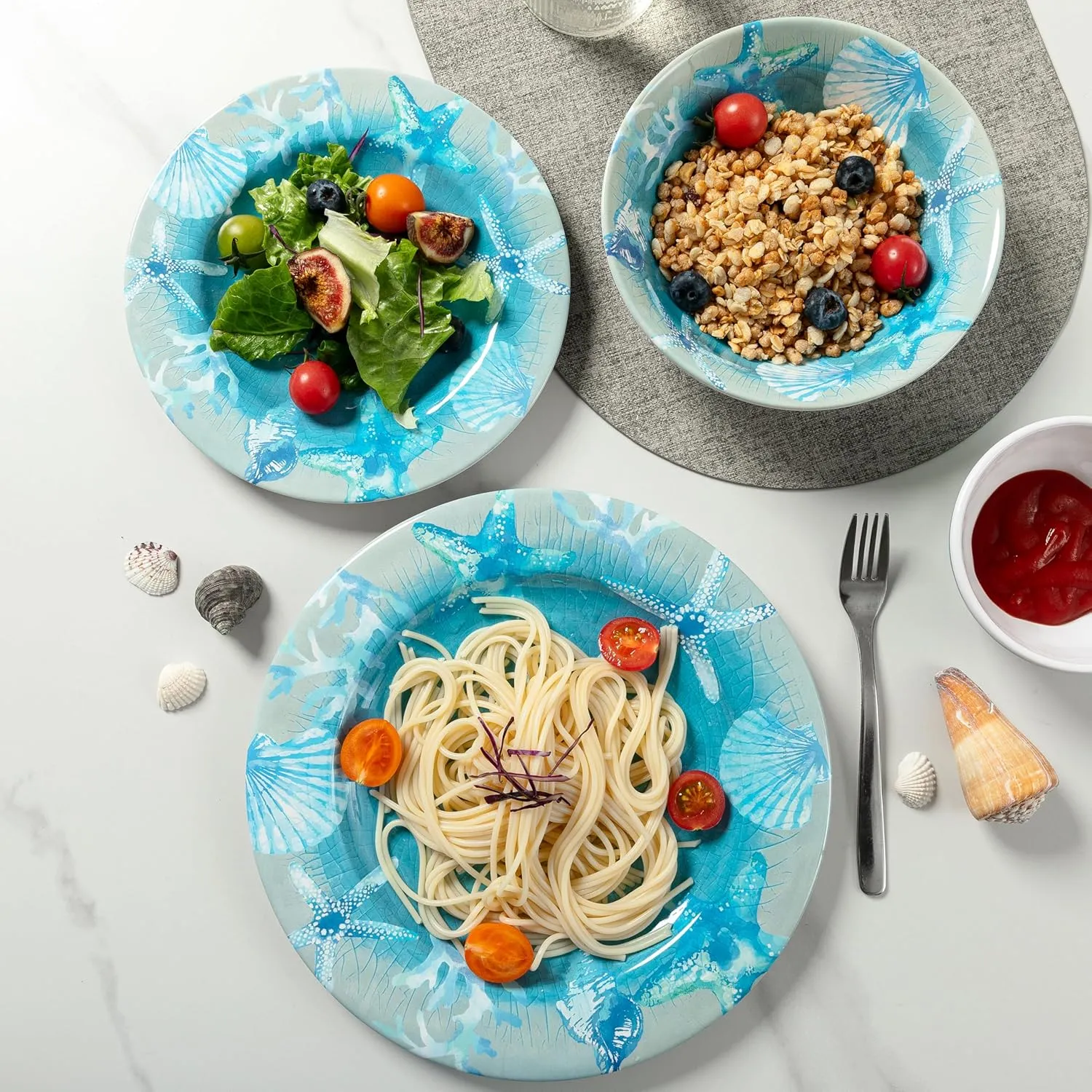 12 PCS Melamine Dinnerware set, Unbreakable Coastal Plates and Bowls Set, Lightweight Chip Resistant Oceanic Dishes Set, Service for 4, Great for Camper, RV, Indoors Outdoors Use