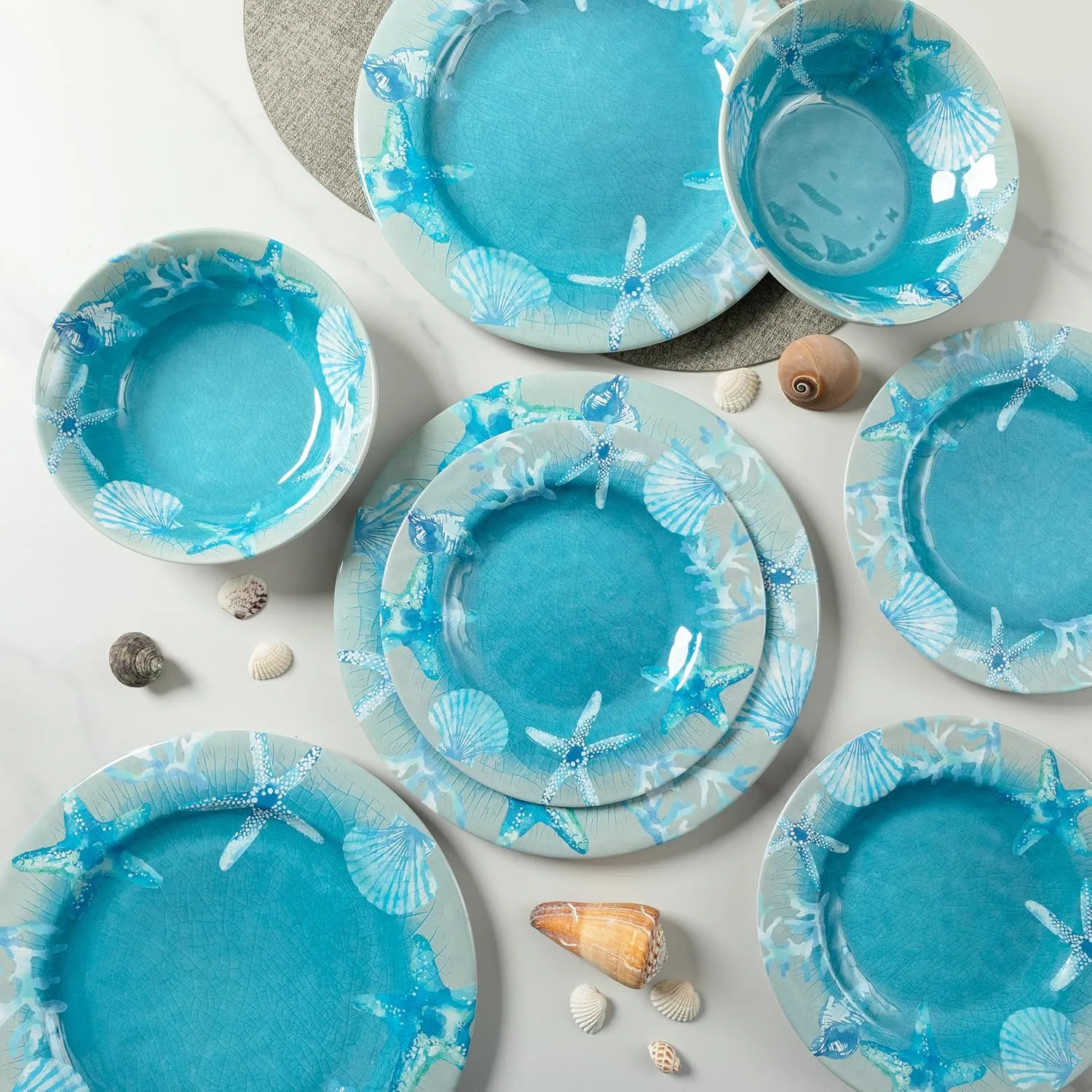 12 PCS Melamine Dinnerware set, Unbreakable Coastal Plates and Bowls Set, Lightweight Chip Resistant Oceanic Dishes Set, Service for 4, Great for Camper, RV, Indoors Outdoors Use