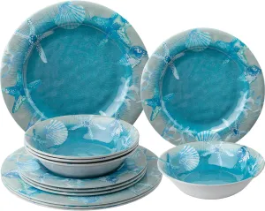 12 PCS Melamine Dinnerware set, Unbreakable Coastal Plates and Bowls Set, Lightweight Chip Resistant Oceanic Dishes Set, Service for 4, Great for Camper, RV, Indoors Outdoors Use