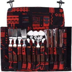 12 Piece Stainless Steel Tableware Set with Wooden Handles, Complete 4 Person Outdoor Dining Kit for Barbecue and Camping, Includes Forks, Spoons, Chopsticks, and Carrying Bag