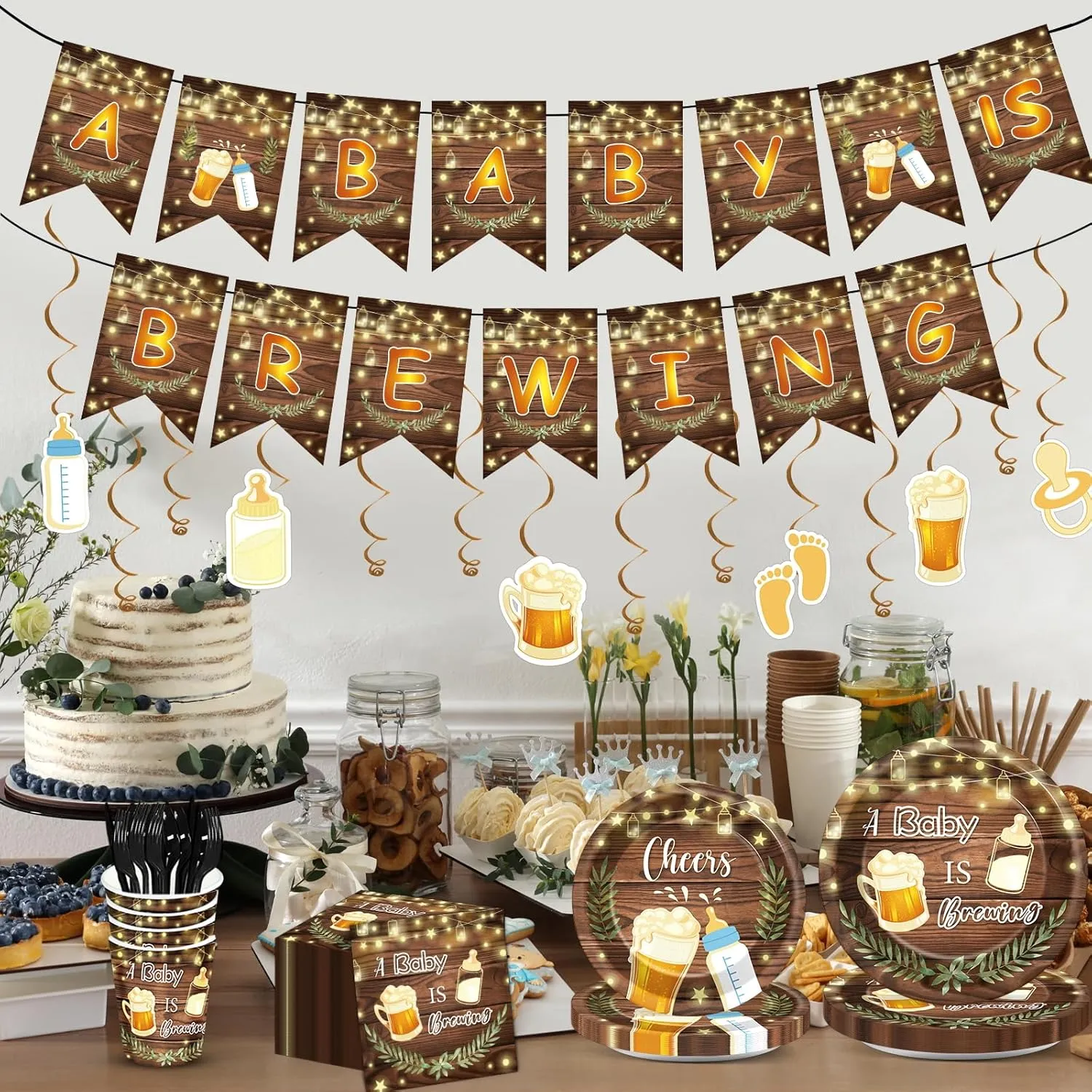 121pcs A Baby is Brewing Baby Shower Party Decorations Set Includes Plates Napkins Cups Tablecloth Swirls Banner Tableware Kit Dispose Baby is Brewing Party Supplies Favors, Serve 16