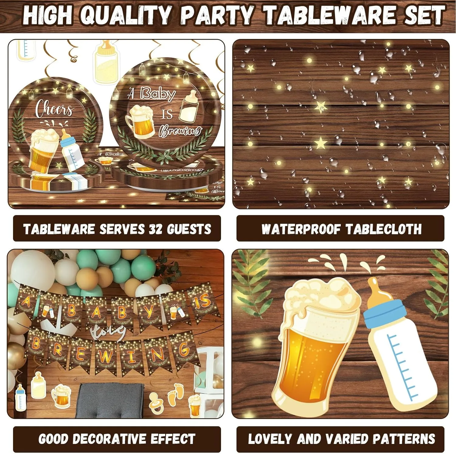 121pcs A Baby is Brewing Baby Shower Party Decorations Set Includes Plates Napkins Cups Tablecloth Swirls Banner Tableware Kit Dispose Baby is Brewing Party Supplies Favors, Serve 16