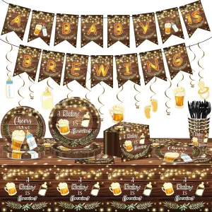 121pcs A Baby is Brewing Baby Shower Party Decorations Set Includes Plates Napkins Cups Tablecloth Swirls Banner Tableware Kit Dispose Baby is Brewing Party Supplies Favors, Serve 16