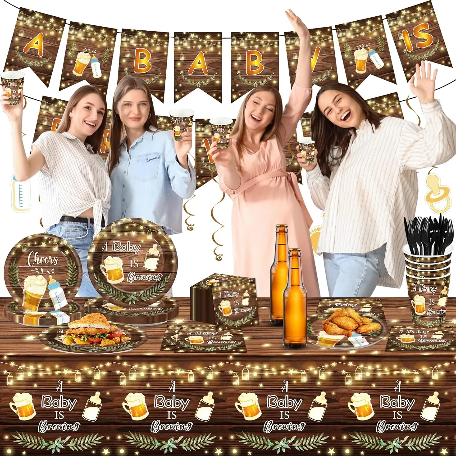 121pcs A Baby is Brewing Baby Shower Party Decorations Set Includes Plates Napkins Cups Tablecloth Swirls Banner Tableware Kit Dispose Baby is Brewing Party Supplies Favors, Serve 16