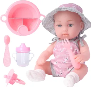 12.5 in Baby Doll Set, Realistic Reborn Baby Doll Soft Vinyl All Body with Toy Pacifier Bottle Set & Tableware, Gift Box for Ages 3  Pretend Play (Pink Sun Hat)