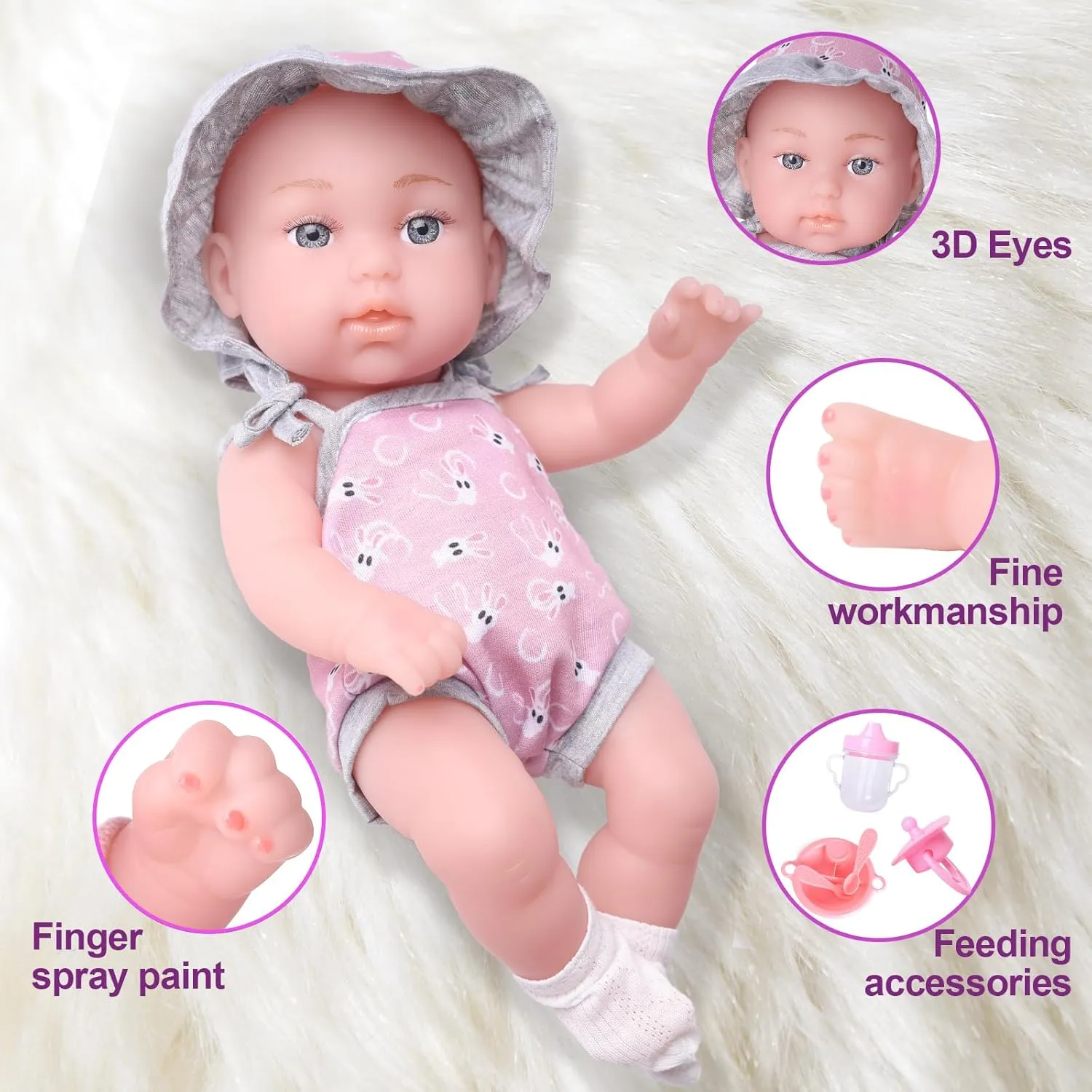 12.5 in Baby Doll Set, Realistic Reborn Baby Doll Soft Vinyl All Body with Toy Pacifier Bottle Set & Tableware, Gift Box for Ages 3  Pretend Play (Pink Sun Hat)