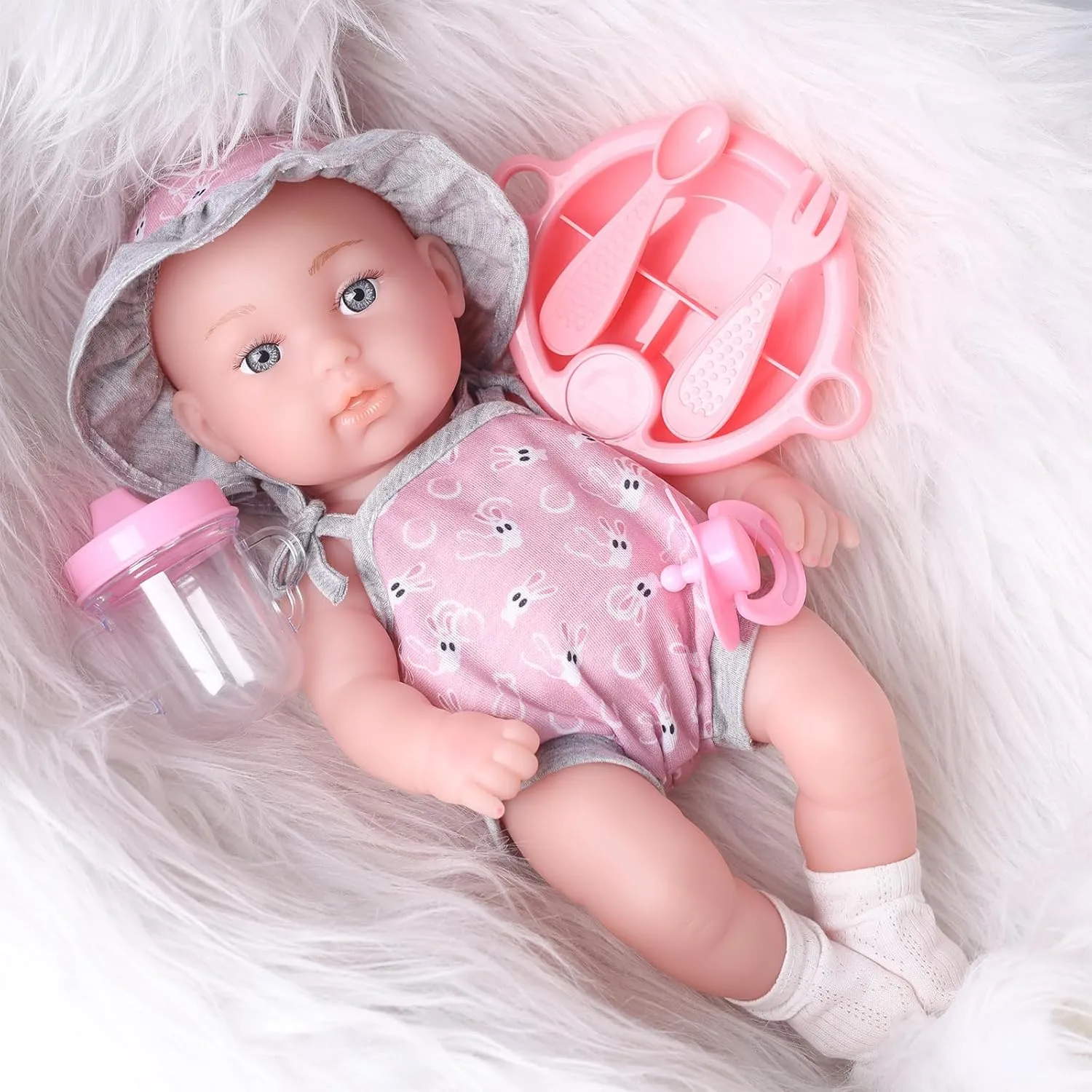 12.5 in Baby Doll Set, Realistic Reborn Baby Doll Soft Vinyl All Body with Toy Pacifier Bottle Set & Tableware, Gift Box for Ages 3  Pretend Play (Pink Sun Hat)