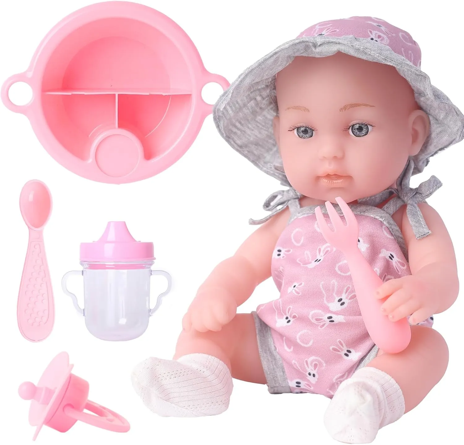 12.5 in Baby Doll Set, Realistic Reborn Baby Doll Soft Vinyl All Body with Toy Pacifier Bottle Set & Tableware, Gift Box for Ages 3  Pretend Play (Pink Sun Hat)