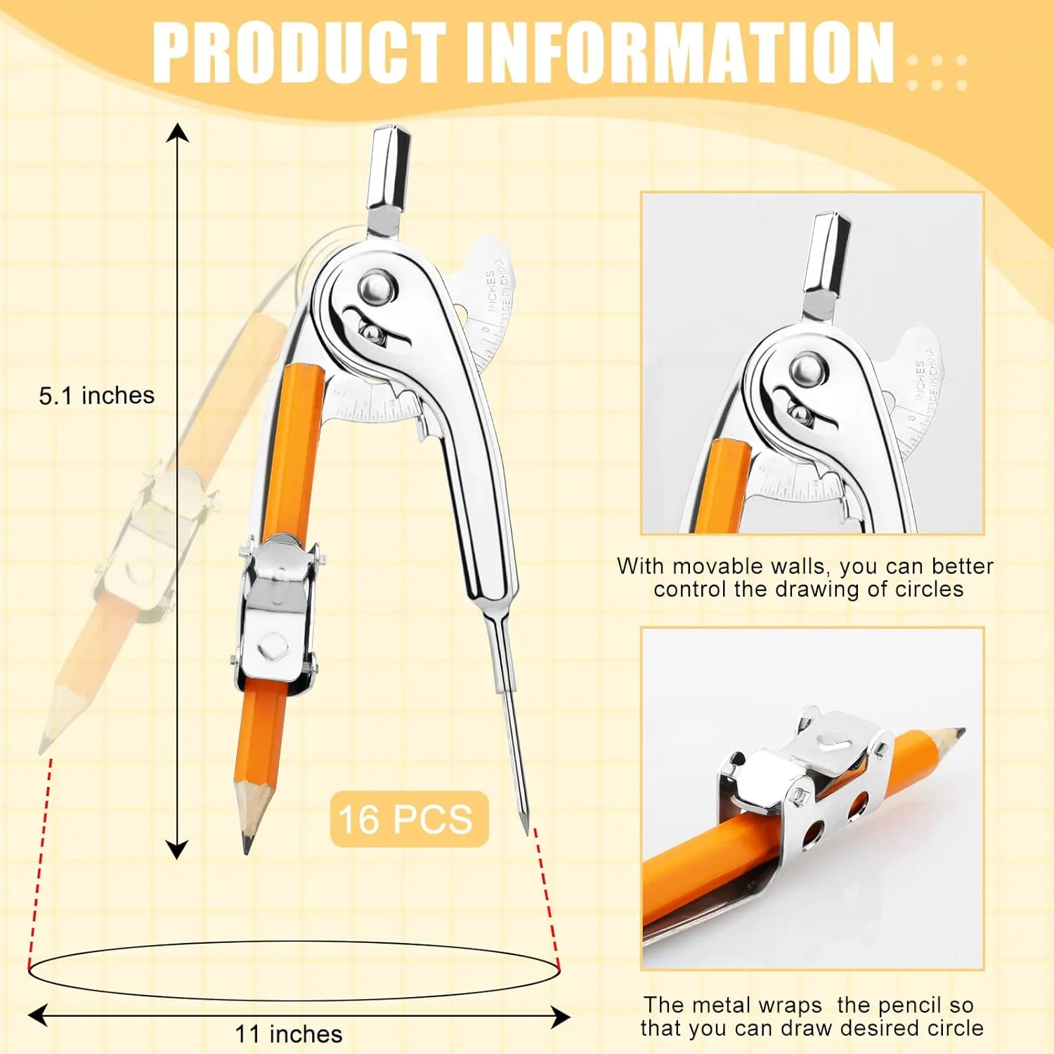 16 Pieces Compass for Geometry with Pencil, Metal Geometry Drawing Tool 6 Inch Silver Compass for Math Student Classroom School Office Woodworking Art Drawing