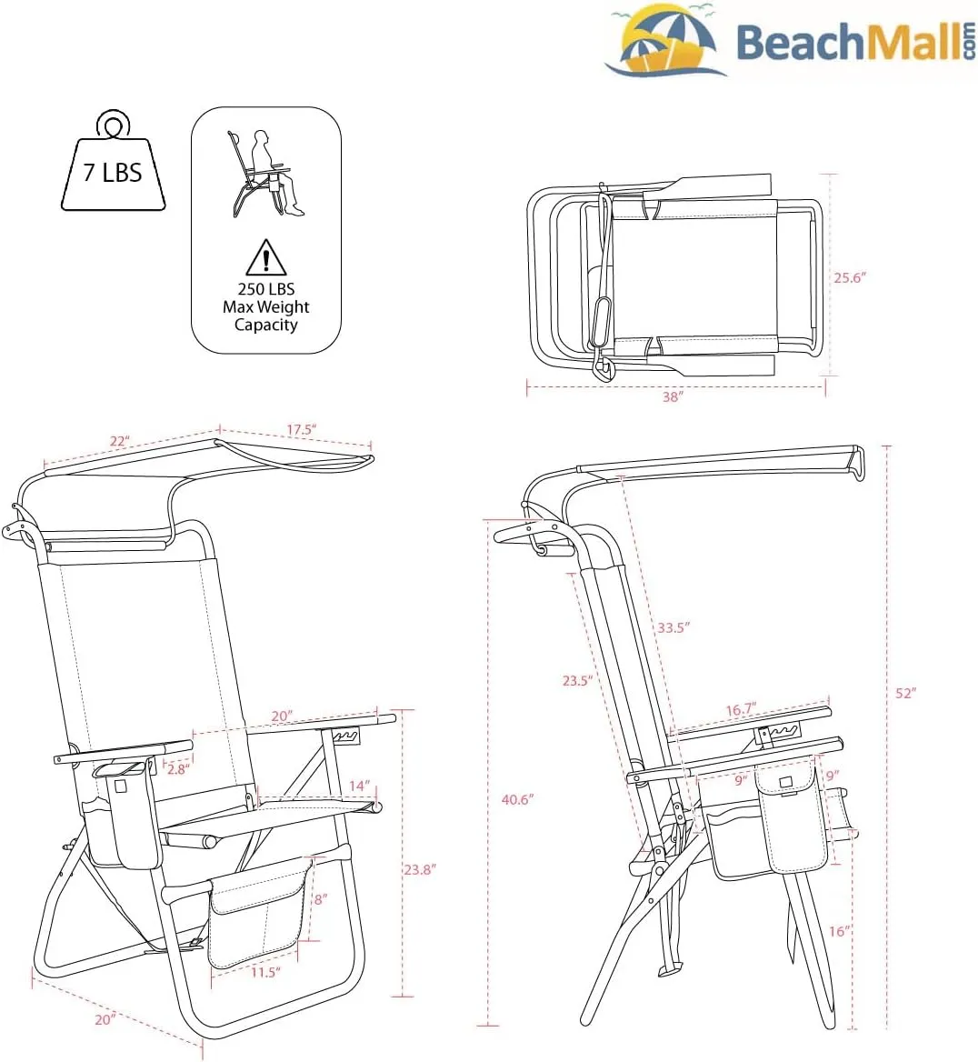 17 Inches High Seat Big Tycoon Aluminum Beach Chair with Canopy