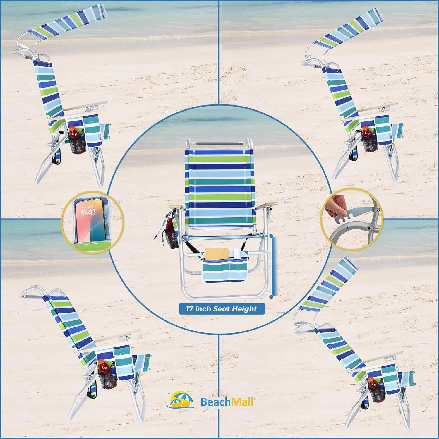 17 Inches High Seat Big Tycoon Aluminum Beach Chair with Canopy