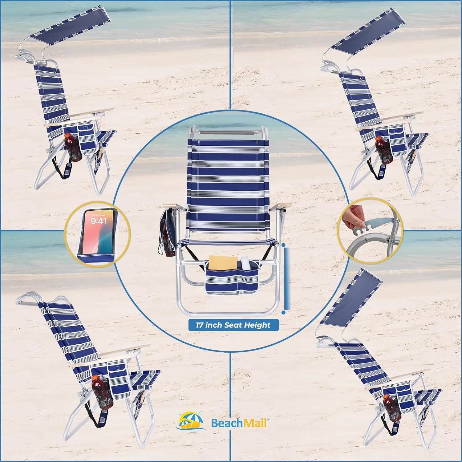 17 Inches High Seat Big Tycoon Aluminum Tall Beach Chair with Canopy for Adults, 4 Reclining Positions, Drink Holder, Storage Pouch