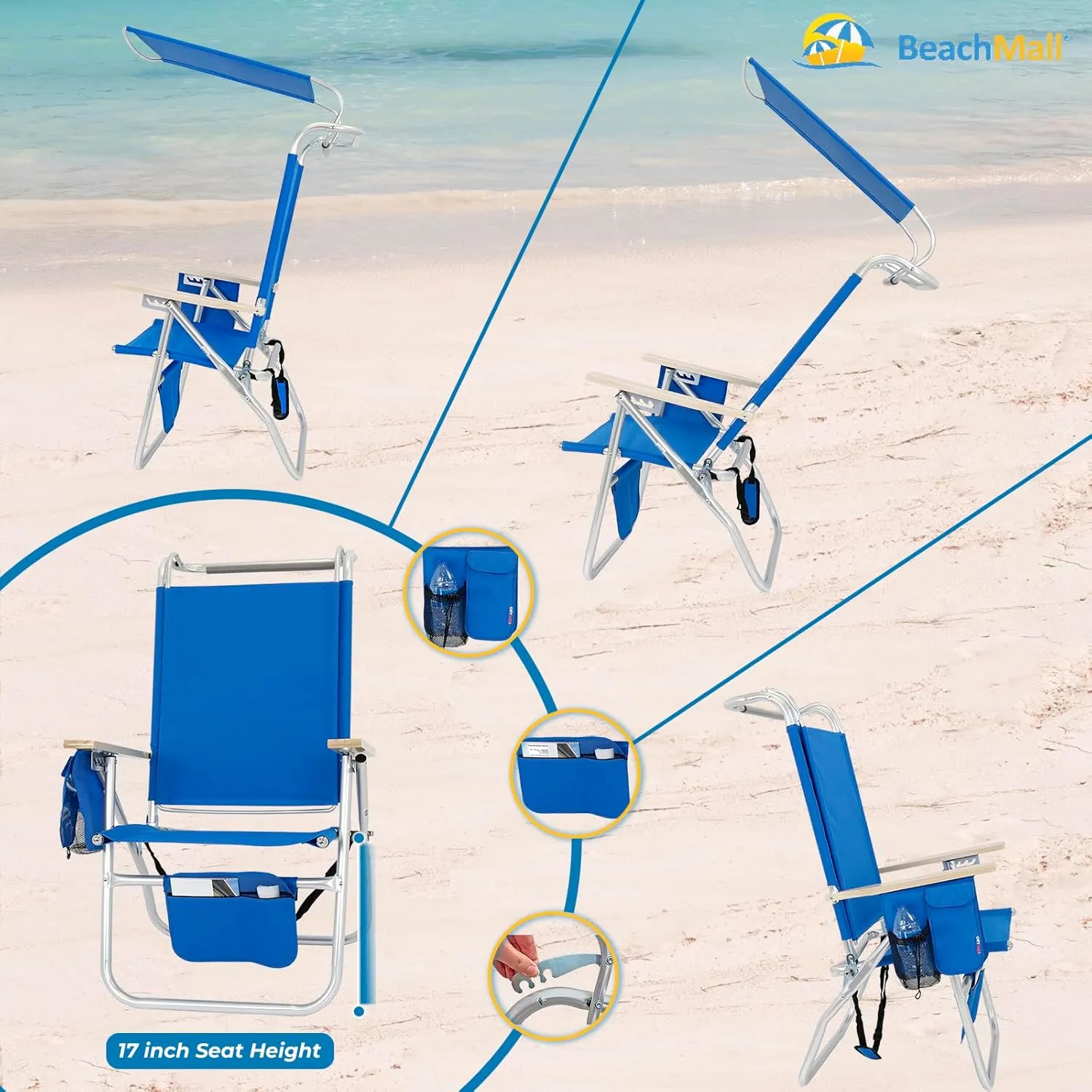 17 Inches High Seat Big Tycoon Aluminum Tall Beach Chair with Canopy for Adults, 4 Reclining Positions, Drink Holder, Storage Pouch