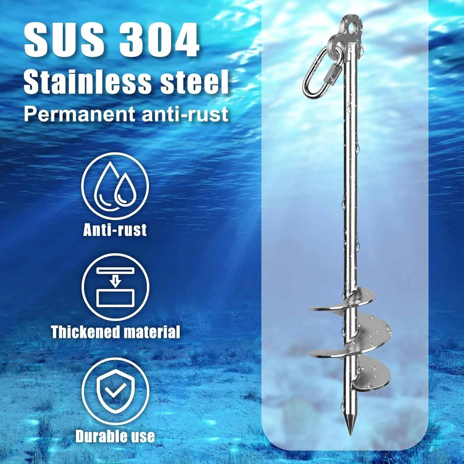 17''/26''/36'' Sand Anchor for Boat with 32ft Rope, 304 Stainless Steel Boat Sand Anchor with Crossbar, Screw in Boat Anchor for Kayak, Jet Ski, Pontoon, Shallow Water, Beach and Sandbar Use