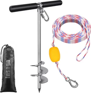 17''/26''/36'' Sand Anchor for Boat with 32ft Rope, 304 Stainless Steel Boat Sand Anchor with Crossbar, Screw in Boat Anchor for Kayak, Jet Ski, Pontoon, Shallow Water, Beach and Sandbar Use