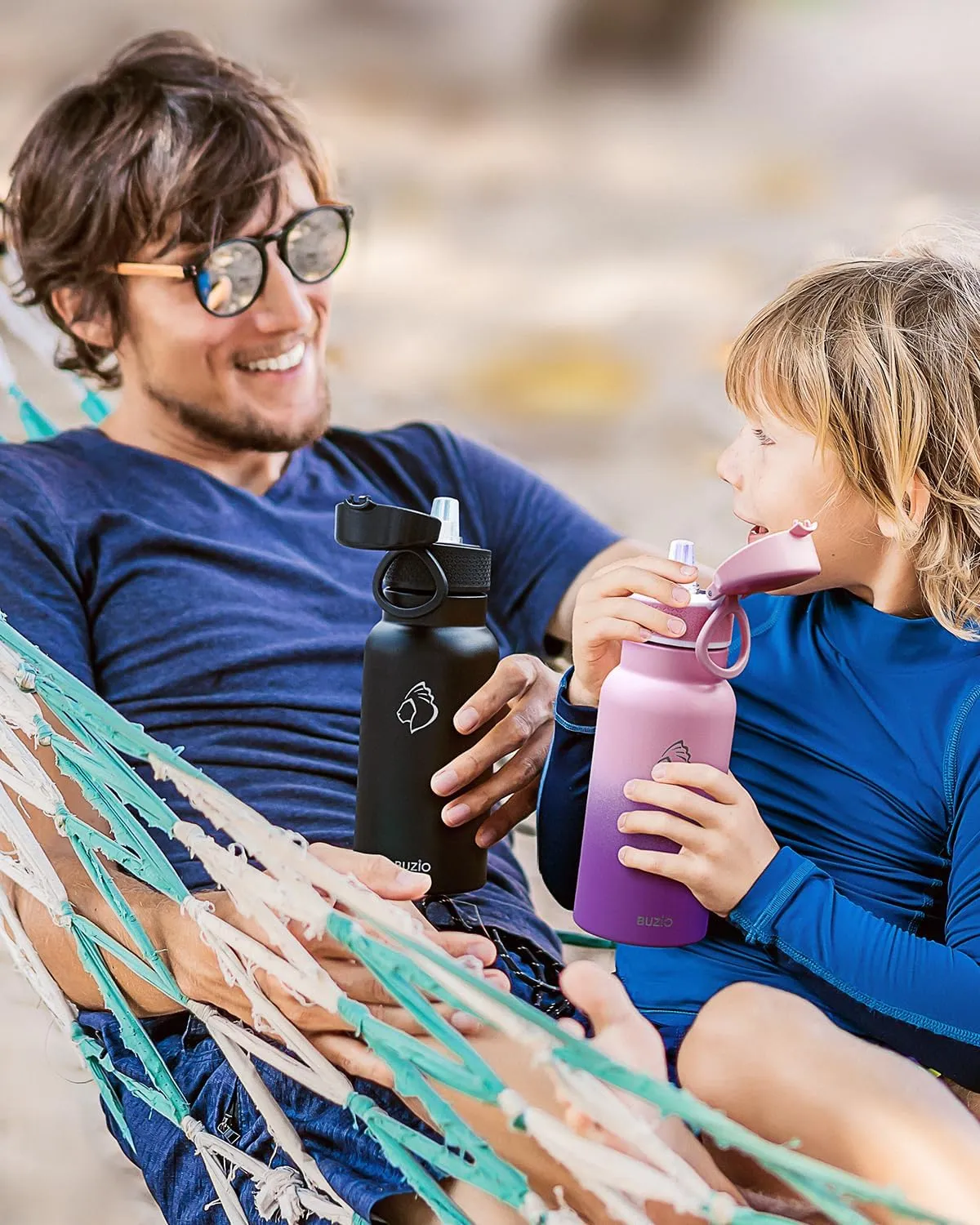 18oz Insulated Water Bottle for Kids with Straw and Handle, 2PCS BUZIO BPA-Free Vacuum Water Flask Leak & Sweat Proof with Popup Lid & Silicone Nozzle for Toddler School Travel - Black Purple