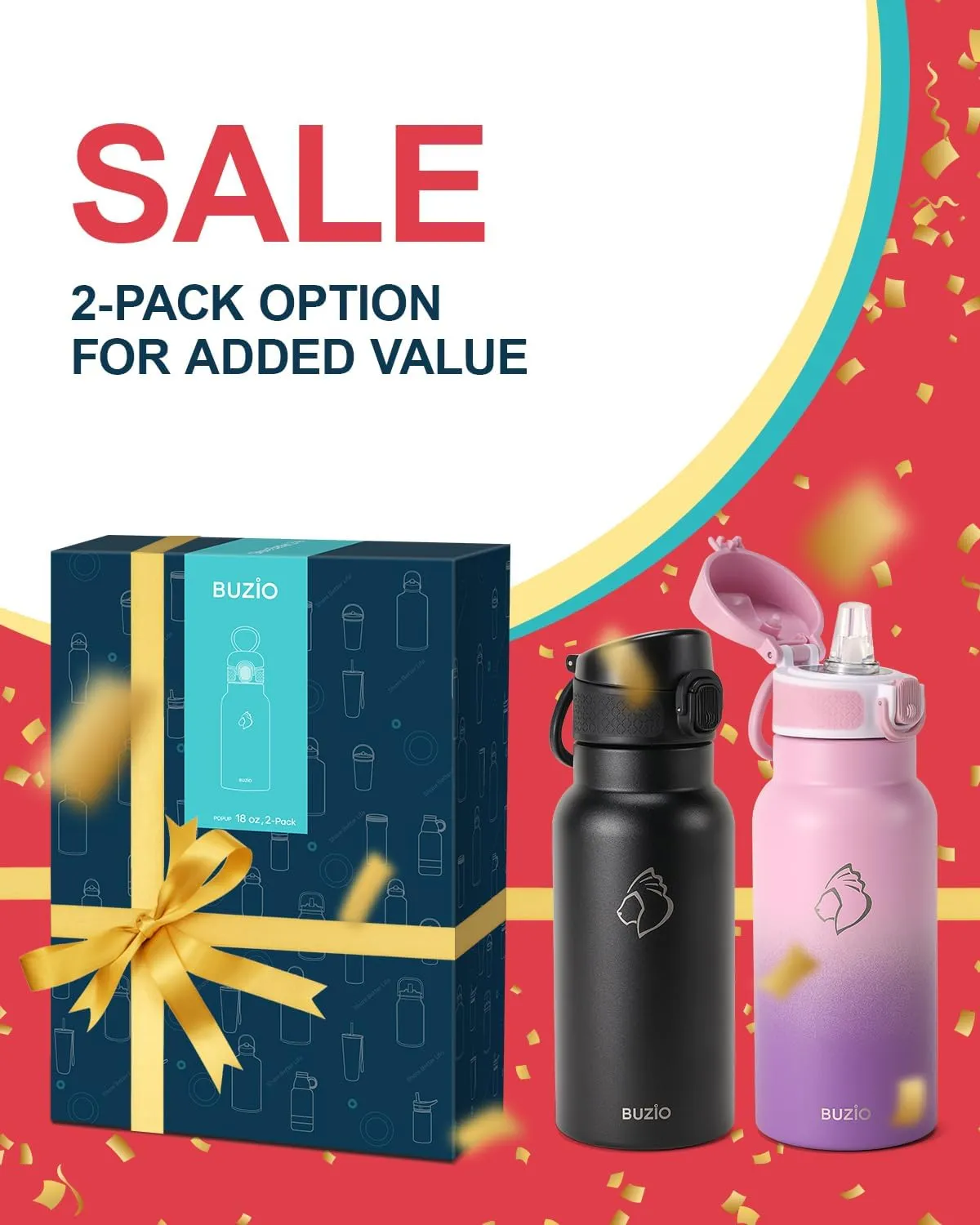 18oz Insulated Water Bottle for Kids with Straw and Handle, 2PCS BUZIO BPA-Free Vacuum Water Flask Leak & Sweat Proof with Popup Lid & Silicone Nozzle for Toddler School Travel - Black Purple