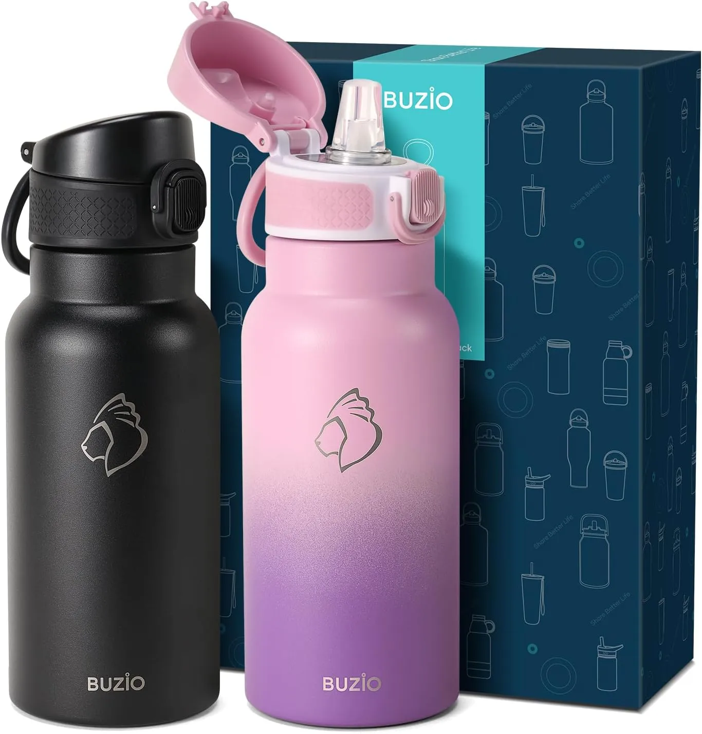 18oz Insulated Water Bottle for Kids with Straw and Handle, 2PCS BUZIO BPA-Free Vacuum Water Flask Leak & Sweat Proof with Popup Lid & Silicone Nozzle for Toddler School Travel - Black Purple