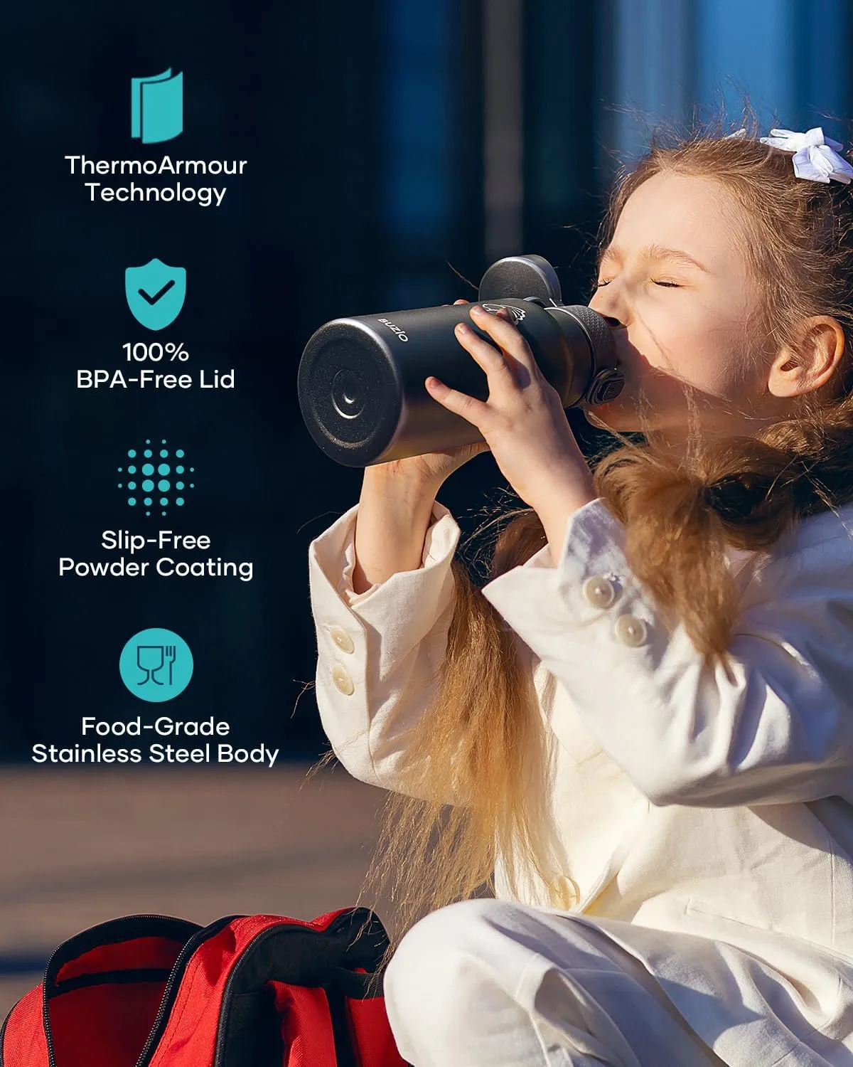 18oz Insulated Water Bottle for Kids with Straw and Handle, 2PCS BUZIO BPA-Free Vacuum Water Flask Leak & Sweat Proof with Popup Lid & Silicone Nozzle for Toddler School Travel - Black Purple