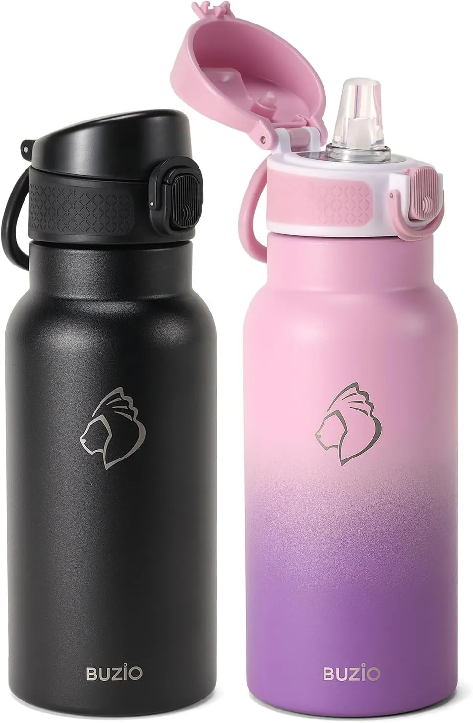 18oz Insulated Water Bottle for Kids with Straw and Handle, 2PCS BUZIO BPA-Free Vacuum Water Flask Leak & Sweat Proof with Popup Lid & Silicone Nozzle for Toddler School Travel - Black Purple