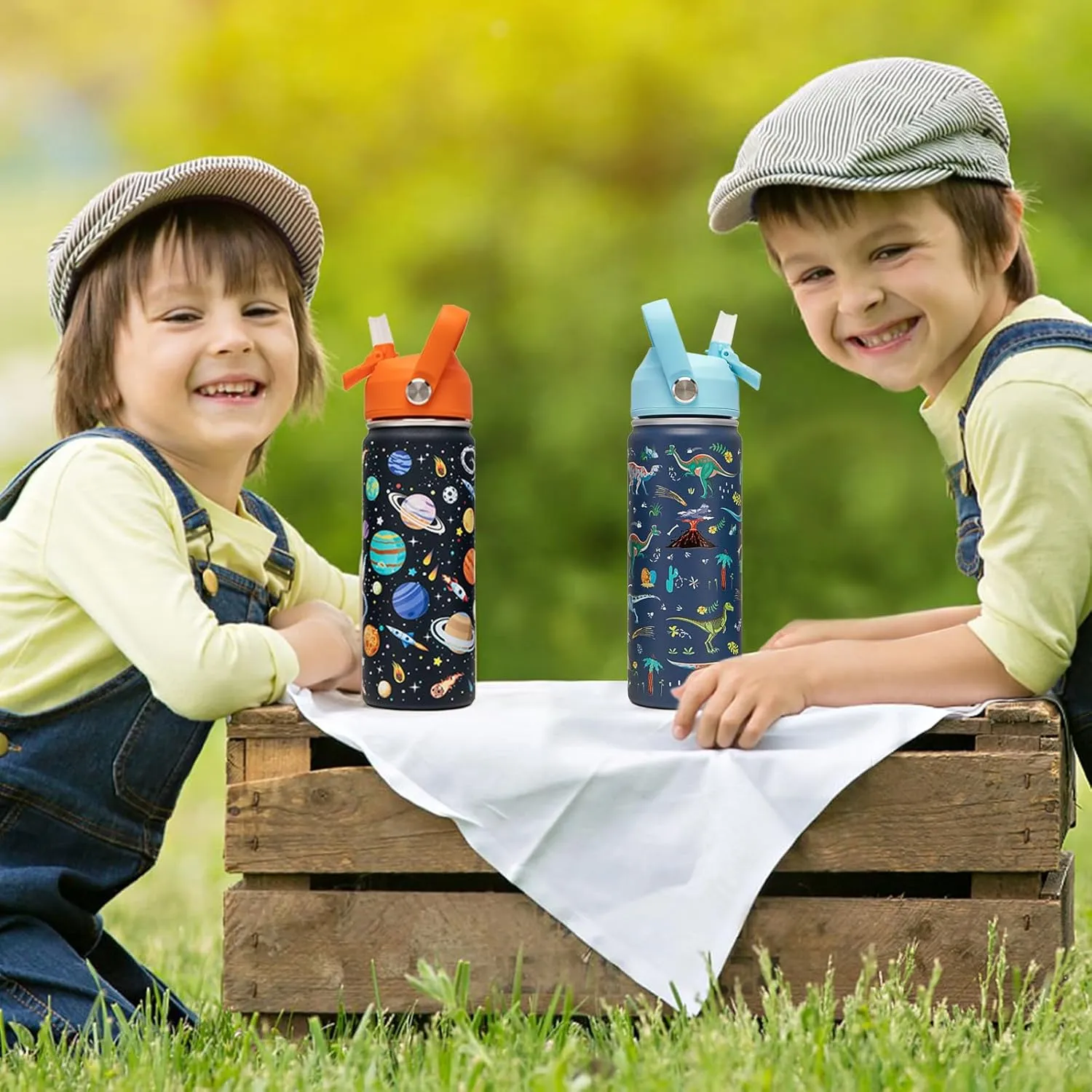 18oz Kids Insulated Water Bottle with Straw Lid - 18/8 Stainless Steel Kid Cup Travel Tumbler Double Wall Vacuum Leak Proof Portable Toddler Water Bottle (Space   Dinosaur)