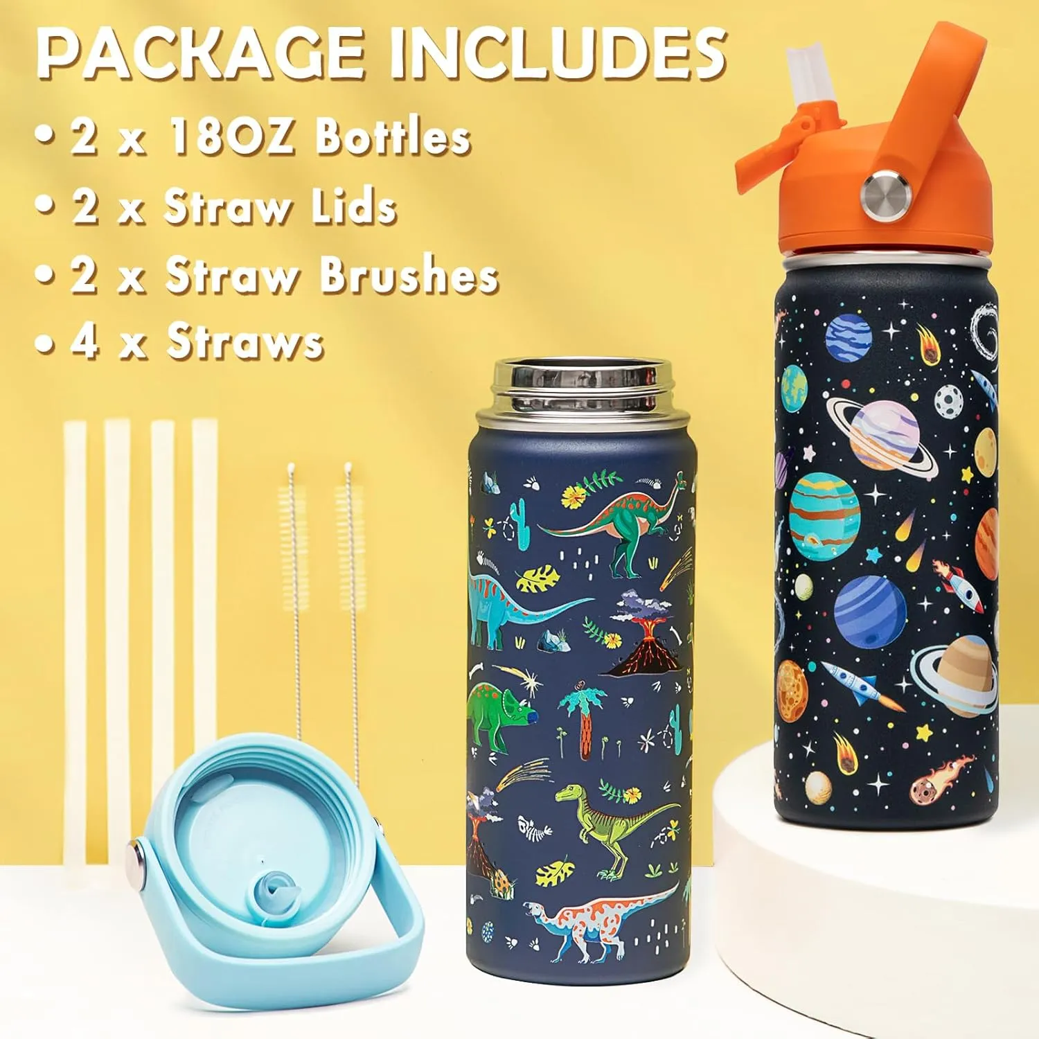 18oz Kids Insulated Water Bottle with Straw Lid - 18/8 Stainless Steel Kid Cup Travel Tumbler Double Wall Vacuum Leak Proof Portable Toddler Water Bottle (Space   Dinosaur)