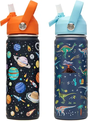 18oz Kids Insulated Water Bottle with Straw Lid - 18/8 Stainless Steel Kid Cup Travel Tumbler Double Wall Vacuum Leak Proof Portable Toddler Water Bottle (Space   Dinosaur)