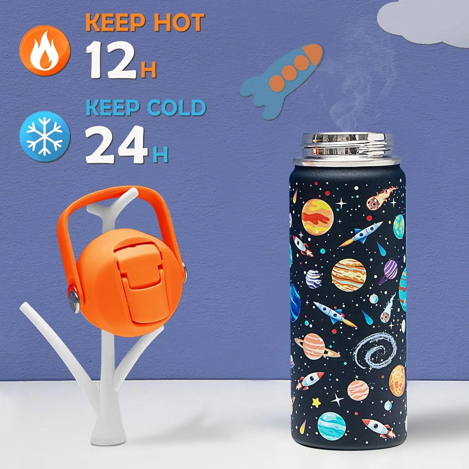 18oz Kids Insulated Water Bottle with Straw Lid - 18/8 Stainless Steel Kid Cup Travel Tumbler Double Wall Vacuum Leak Proof Portable Toddler Water Bottle (Space   Dinosaur)