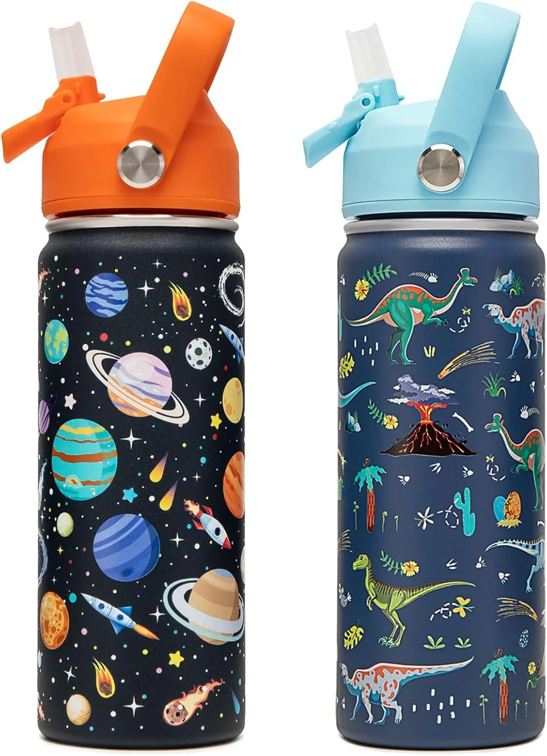 18oz Kids Insulated Water Bottle with Straw Lid - 18/8 Stainless Steel Kid Cup Travel Tumbler Double Wall Vacuum Leak Proof Portable Toddler Water Bottle (Space   Dinosaur)