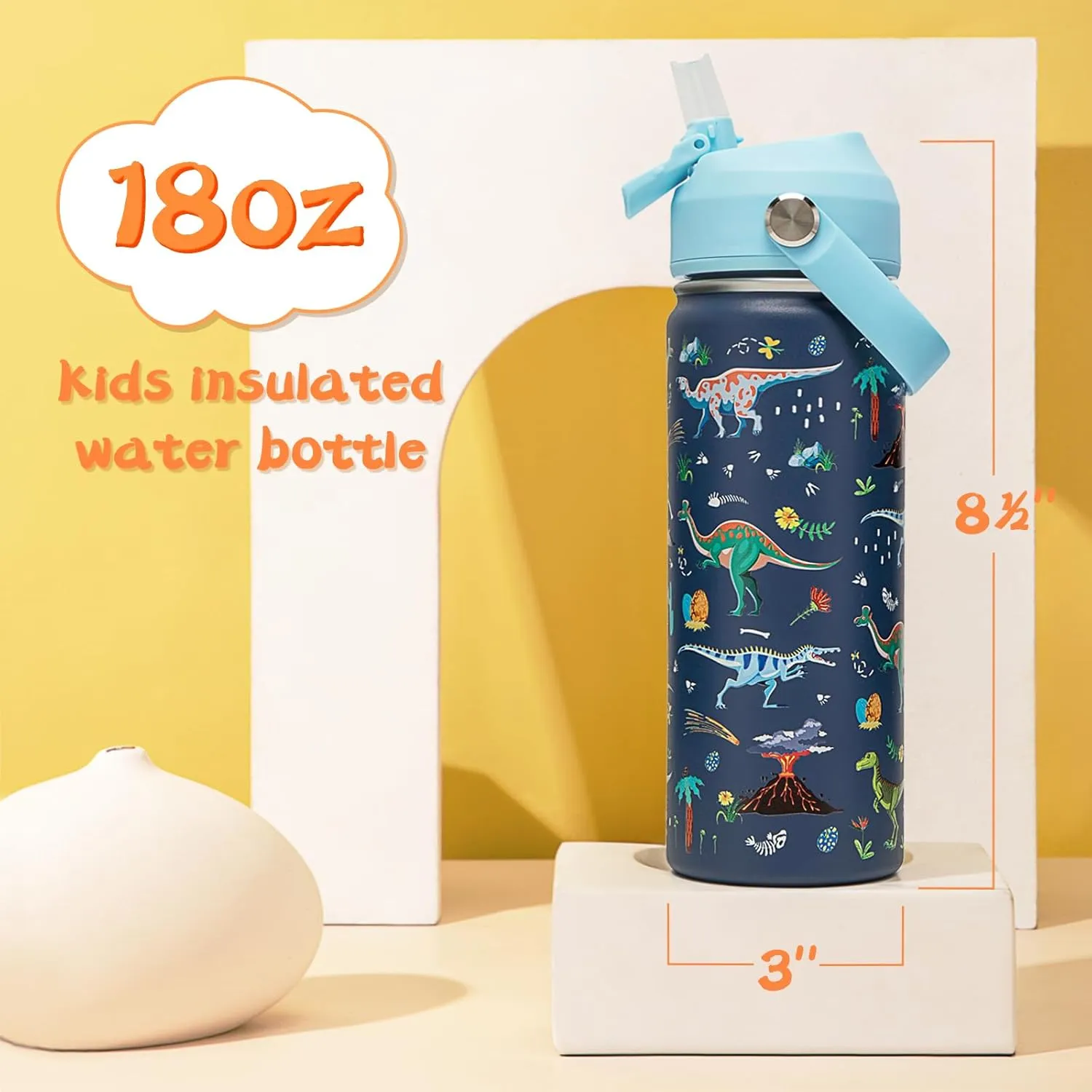 18oz Kids Insulated Water Bottle with Straw Lid - 18/8 Stainless Steel Kid Cup Travel Tumbler Double Wall Vacuum Leak Proof Portable Toddler Water Bottle (Space   Dinosaur)