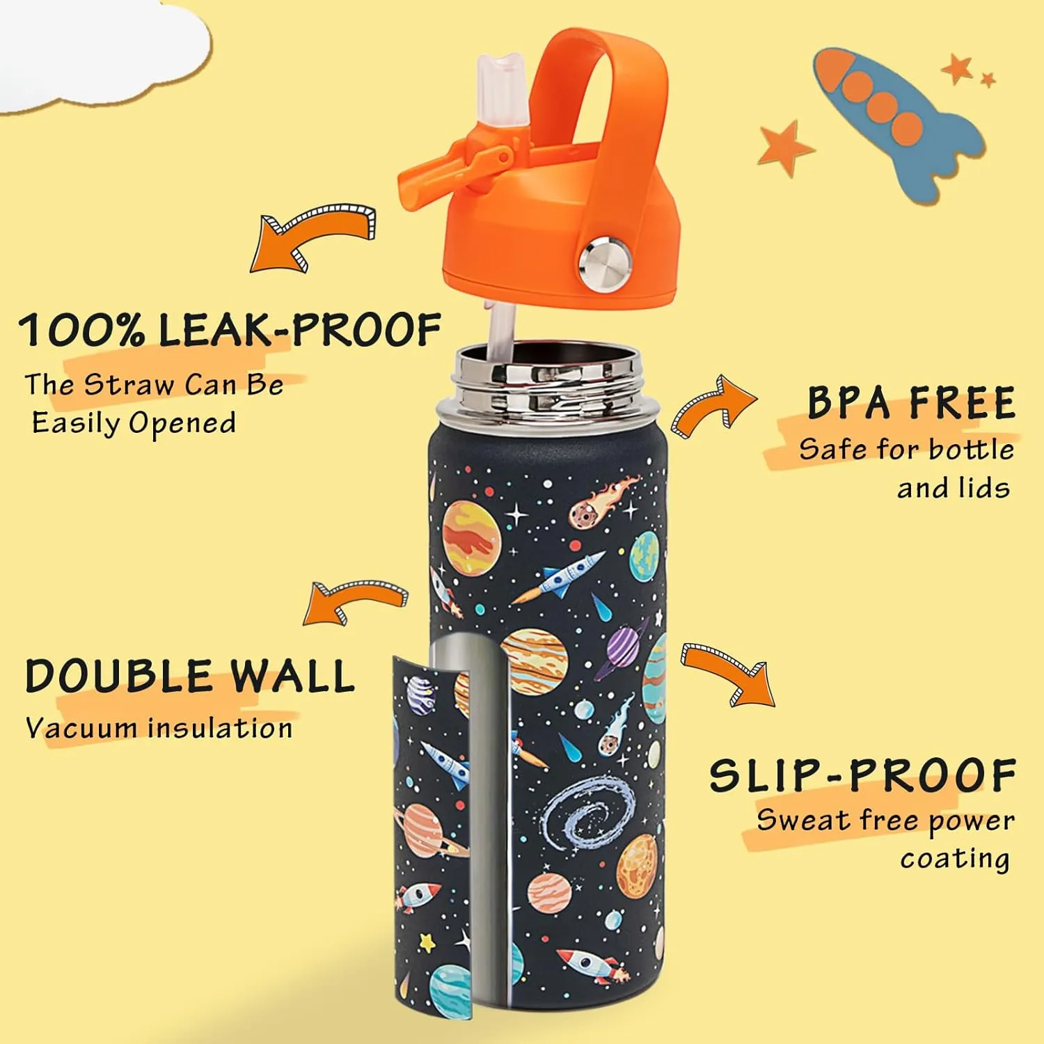 18oz Kids Insulated Water Bottle with Straw Lid - 18/8 Stainless Steel Kid Cup Travel Tumbler Double Wall Vacuum Leak Proof Portable Toddler Water Bottle (Space   Dinosaur)