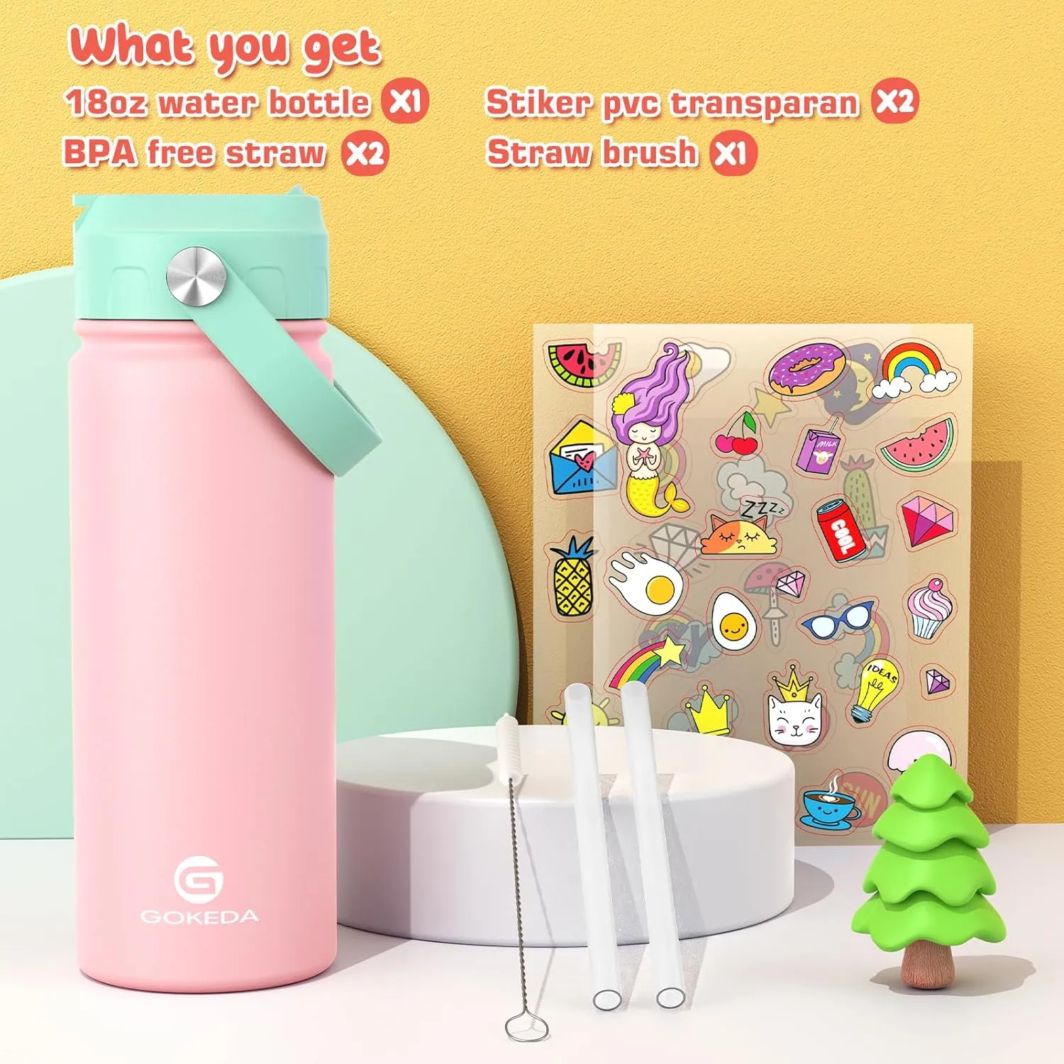 18oz Kids Water Bottle, Insulated Water Bottles with Stickers, 18/8 Stainless Steel Vacuum Leak Proof Straw Cup for School, Gifts for Girls(Pink)