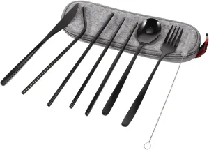 1set Portable Stainless Steel Tableware Set Utensil Kit Fork Spoon Chopsticks Cleaning Brush and Straws for Home Travel and Outdoor Use and Material