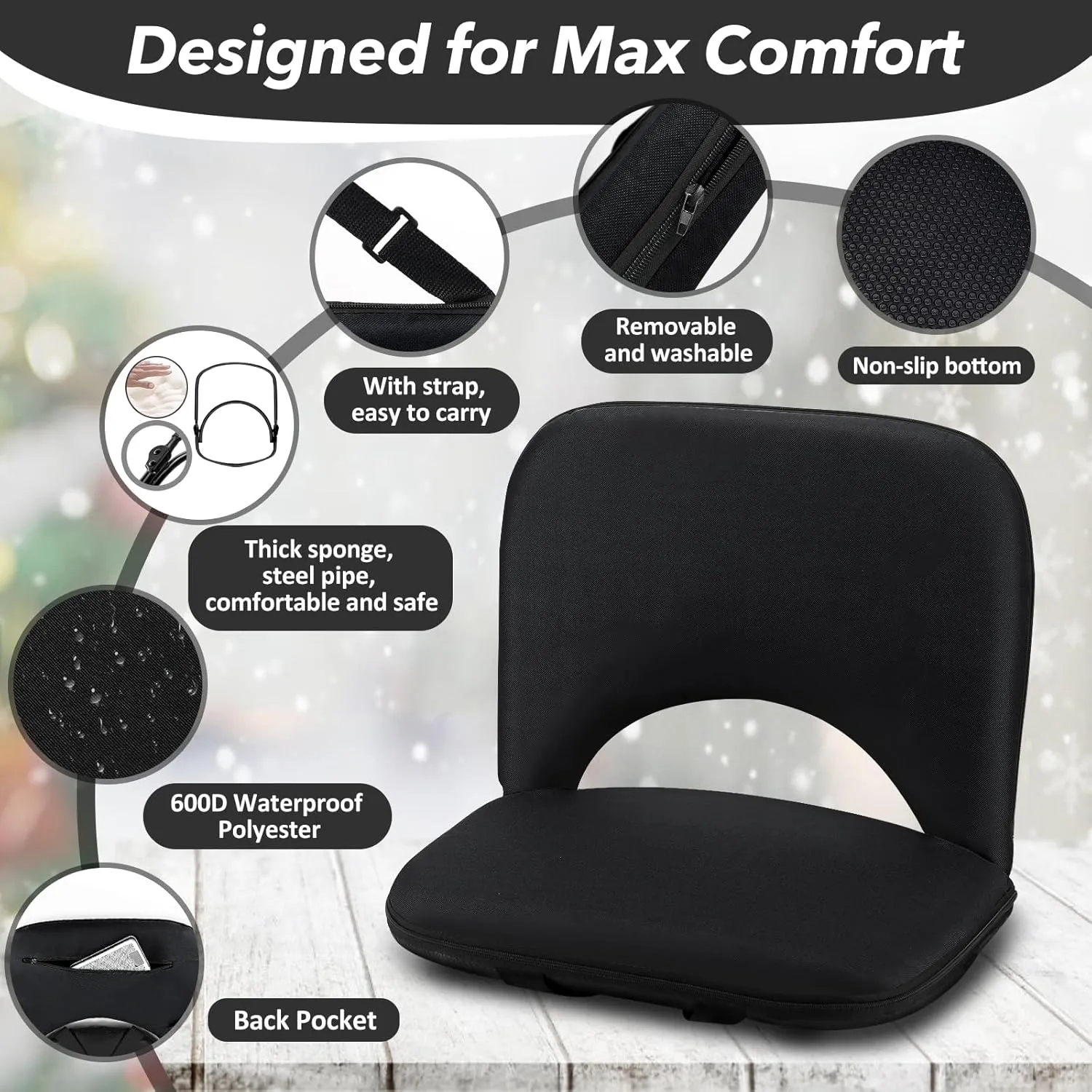 2 Pack Stadium Seats with Back Support, Folding Bleacher Seat with 20In Cushion, 6 Reclining Positions Bleachers Chairs with Back and Cushion, Multifunctional Floor Stadium Chair for Indoor or Outdoor