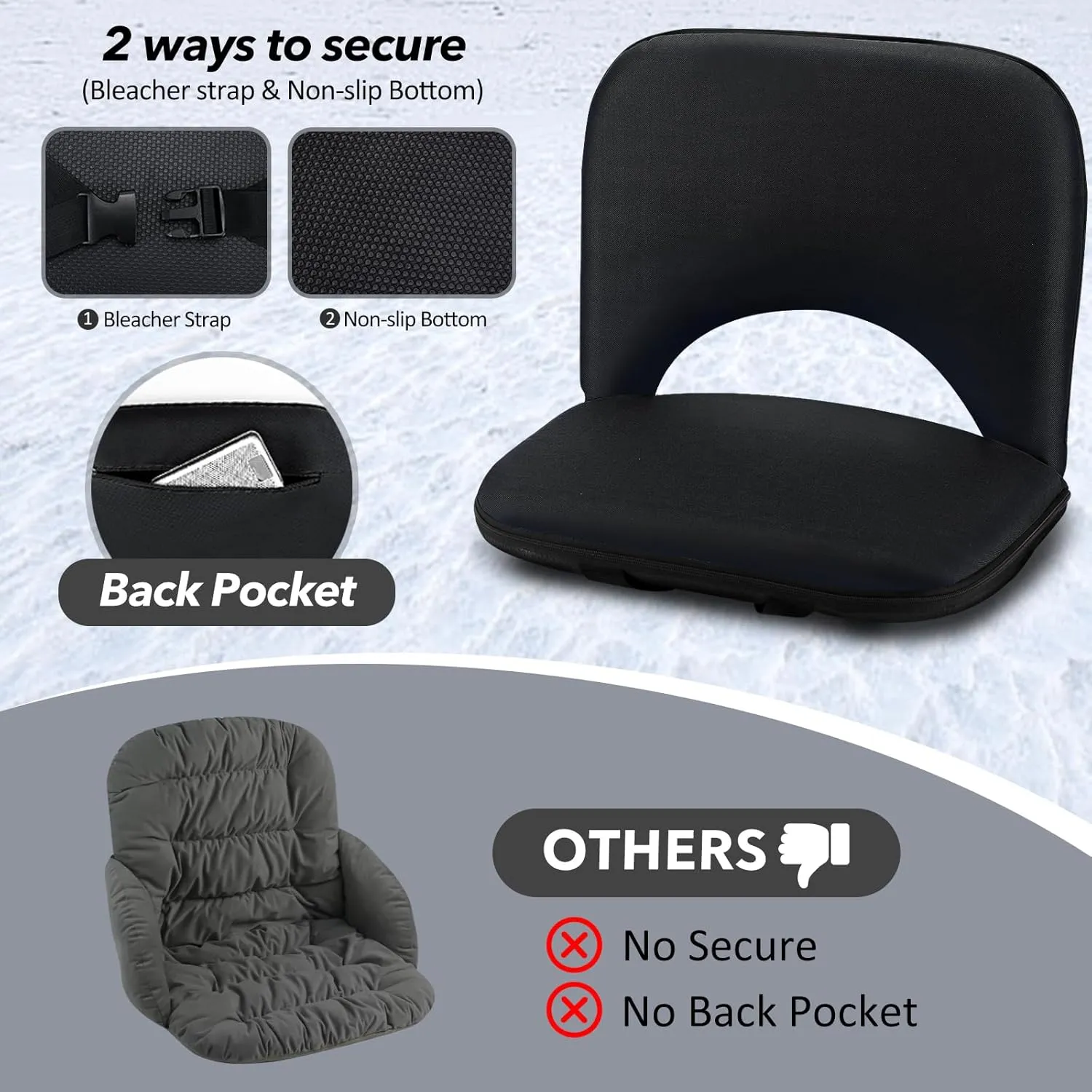 2 Pack Stadium Seats with Back Support, Folding Bleacher Seat with 20In Cushion, 6 Reclining Positions Bleachers Chairs with Back and Cushion, Multifunctional Floor Stadium Chair for Indoor or Outdoor