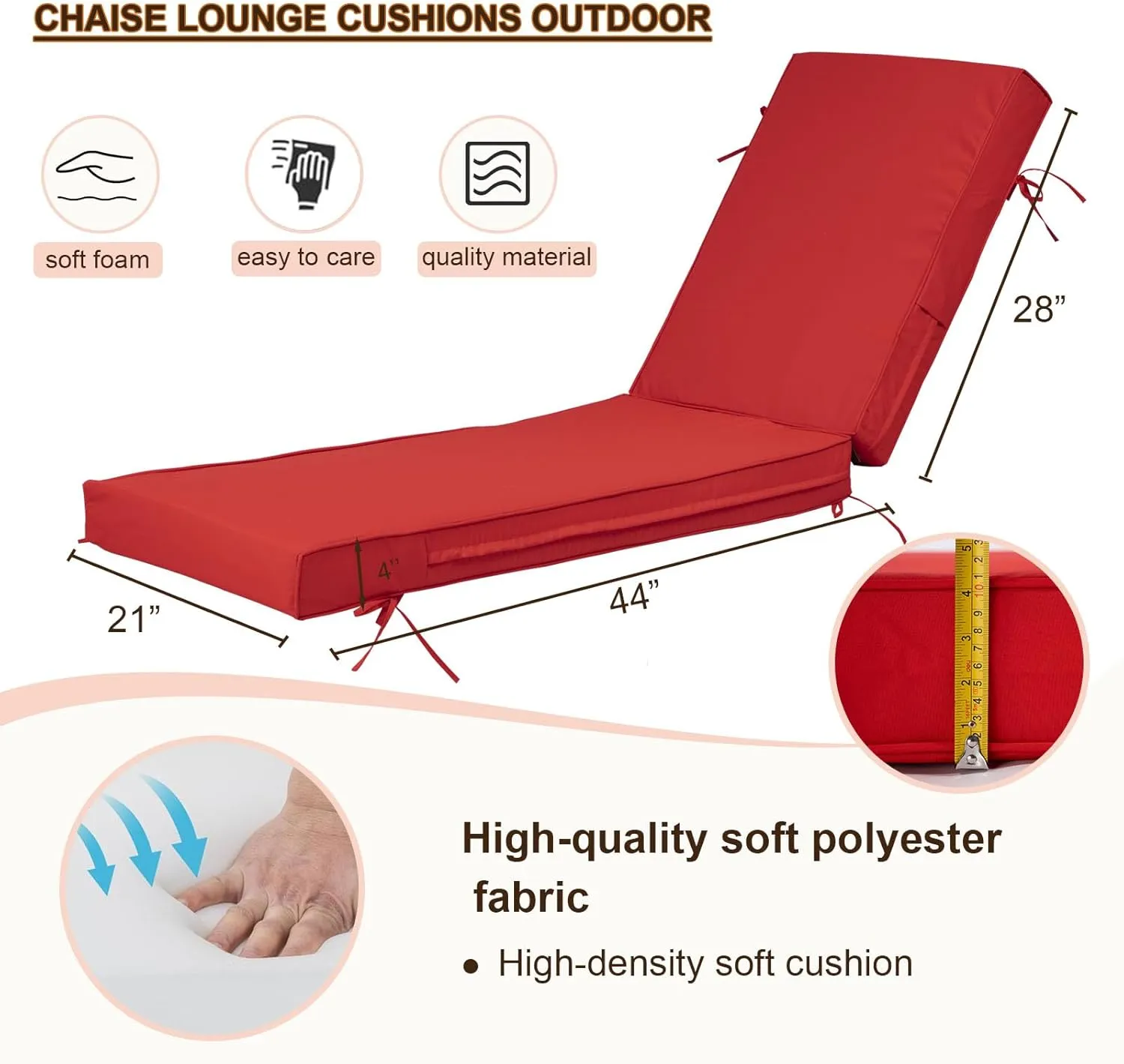 2 PCS Outdoor Chaise Lounge Cushion Waterproof and Sunlight Resistant, Lounge Deck Reclining Chair Cushions for Patio Furniture Lawn Pool Resort Hotel（YT-23, 72'' L x 21'' W x 4" T