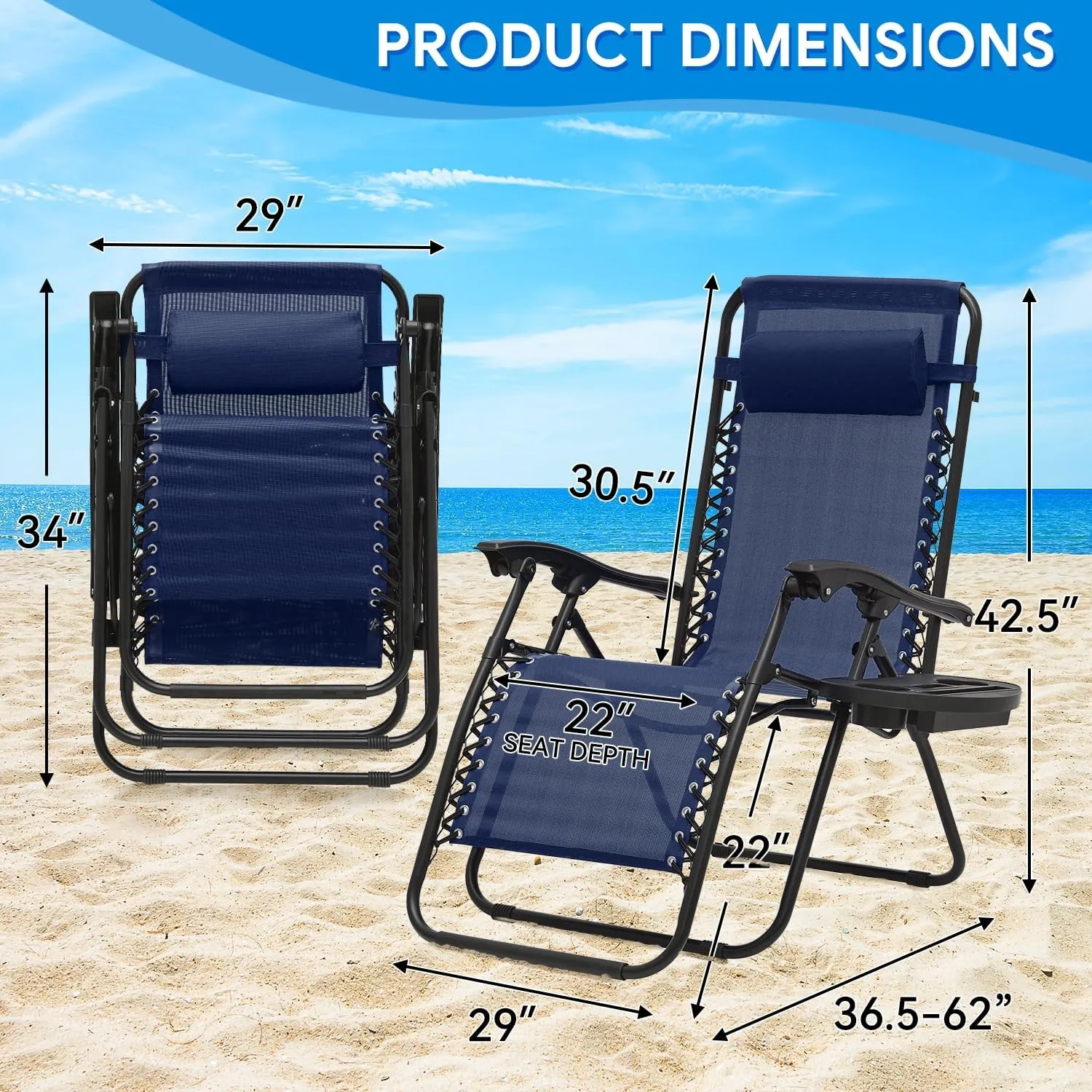 2 pcs Oversized Zero Gravity Lounge Chair, XL Foldable Patio Recliners with Cup Holder Tray & Ergonomic Headrest for Outdoor, Beach, CAAP-BCC-C2P-NB-29
