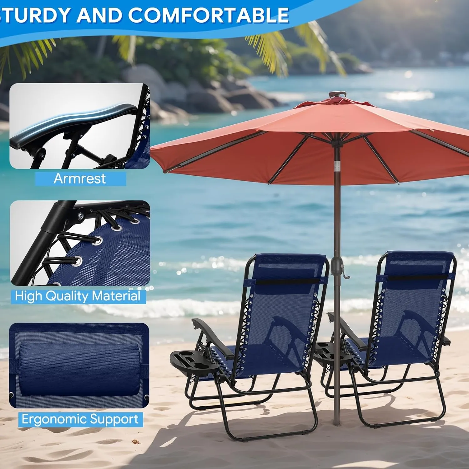 2 pcs Oversized Zero Gravity Lounge Chair, XL Foldable Patio Recliners with Cup Holder Tray & Ergonomic Headrest for Outdoor, Beach, CAAP-BCC-C2P-NB-29